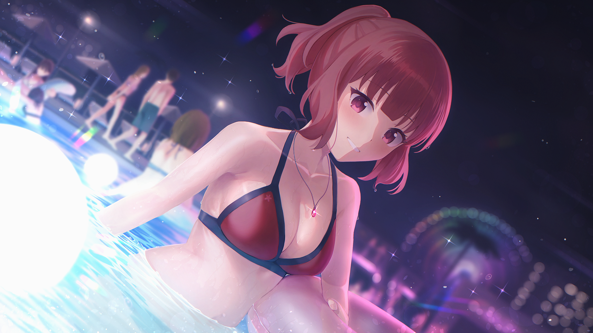 Anime 1920x1080 anime anime girls pink hair bikini water wet smiling swimming pool cleavage Asteroid in Love Mikage Sakurai Mikazuchi Zeus