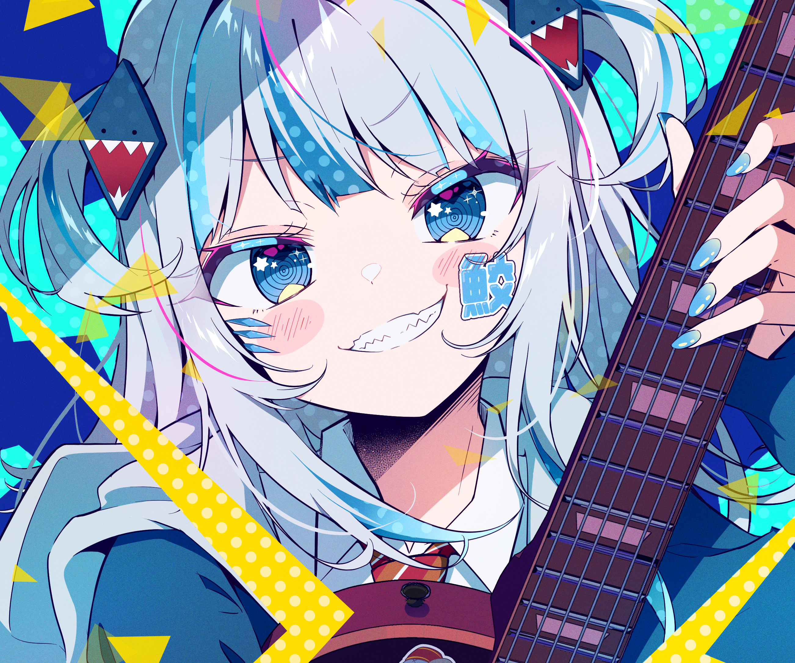 Anime 2604x2170 Virtual Youtuber Gawr Gura white hair blue eyes guitar smiling looking at viewer nail polish Hololive
