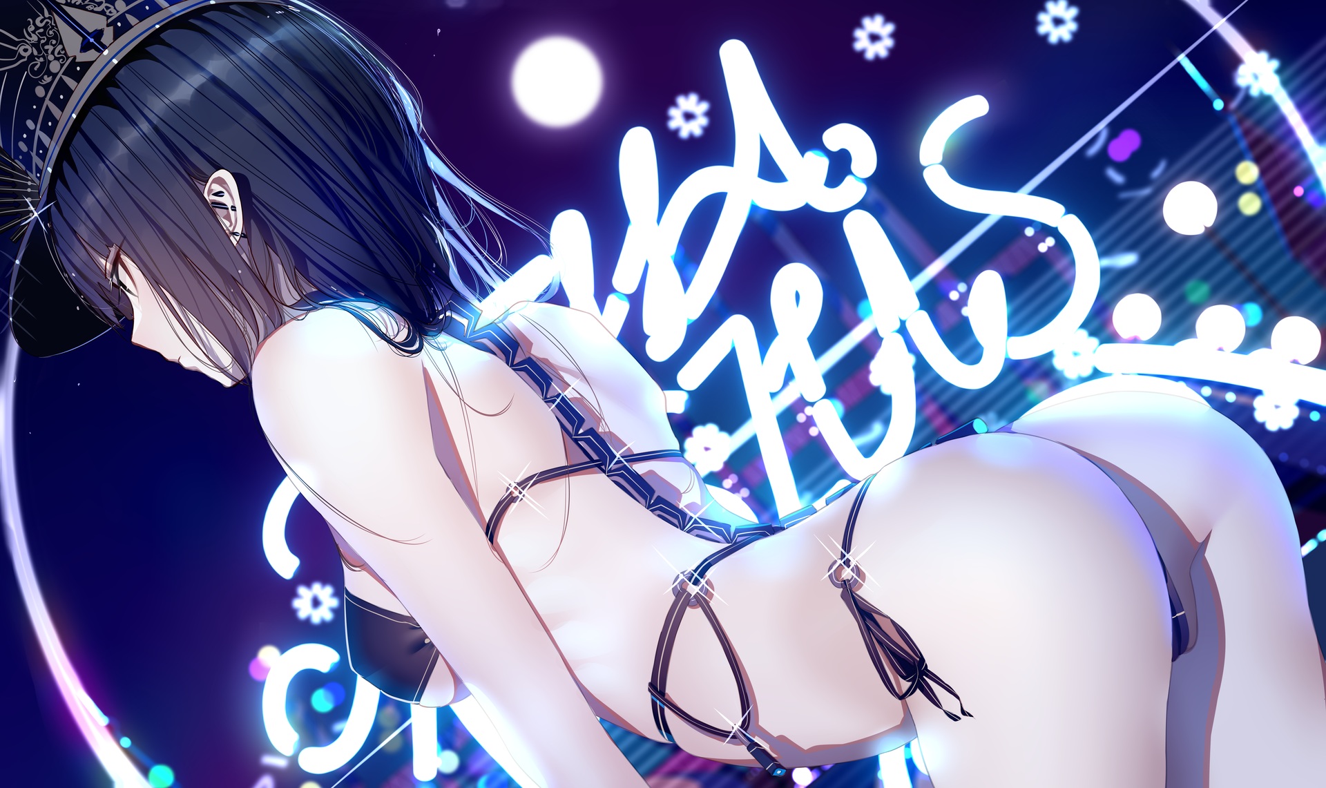 Anime 1920x1141 anime anime girls Atha artwork dark hair hat bikini ass bent over