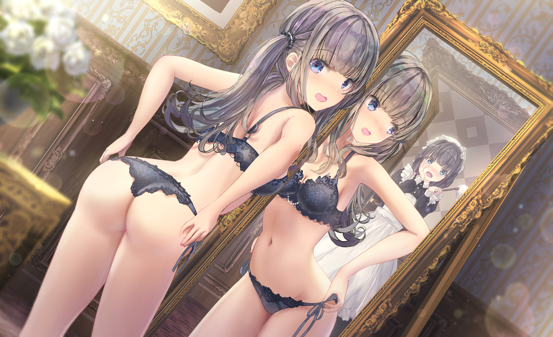 Anime 1899x1158 anime girls blue eyes ass underwear dark hair twintails blushing mirror reflection maid artwork missile228