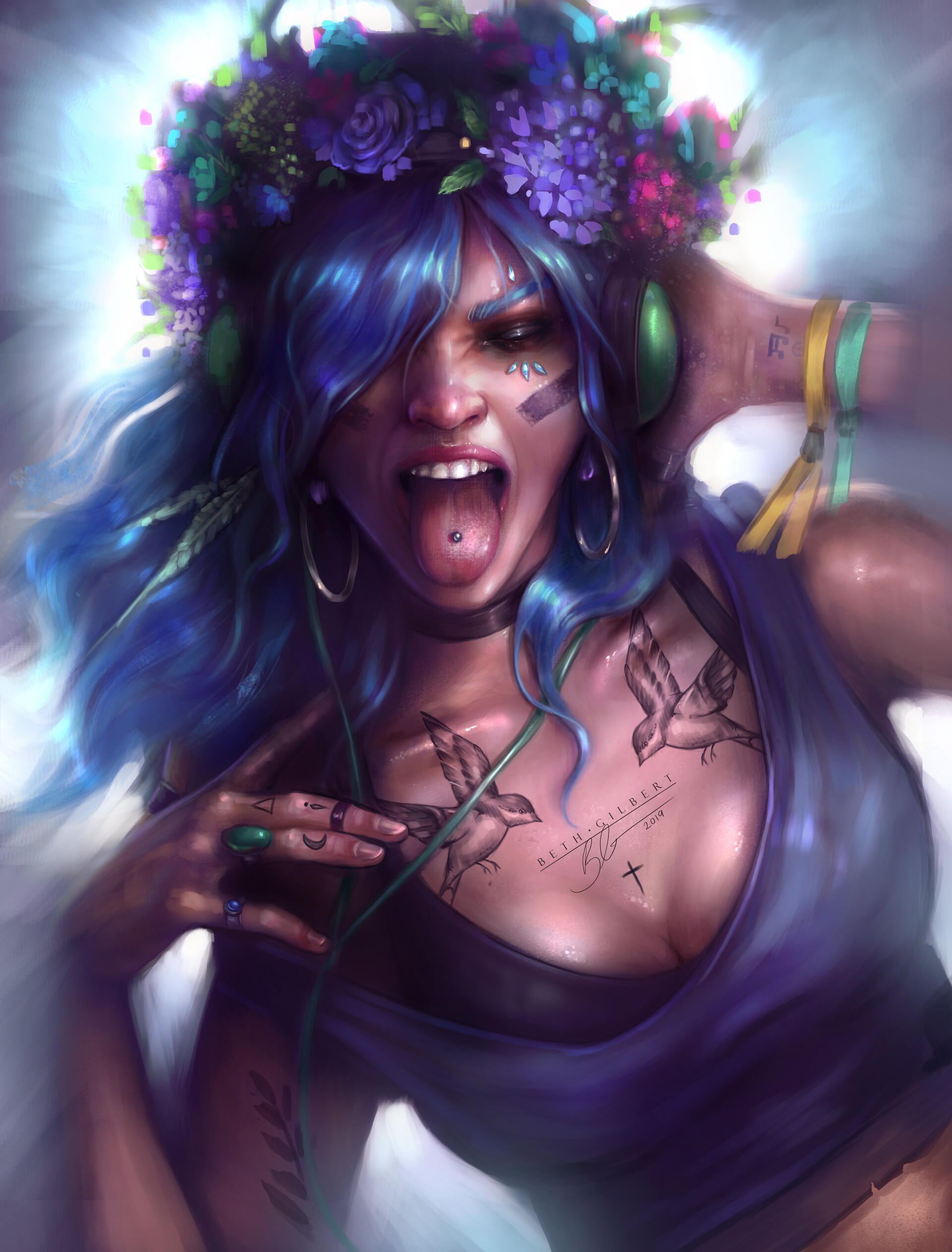 General 1920x2524 Beth Gilbert flower crown tongue out headphones tattoo portrait display blue hair drawing Euphoria ArtStation tongues women hair in face inked girls open mouth boobs cleavage TV series fan art