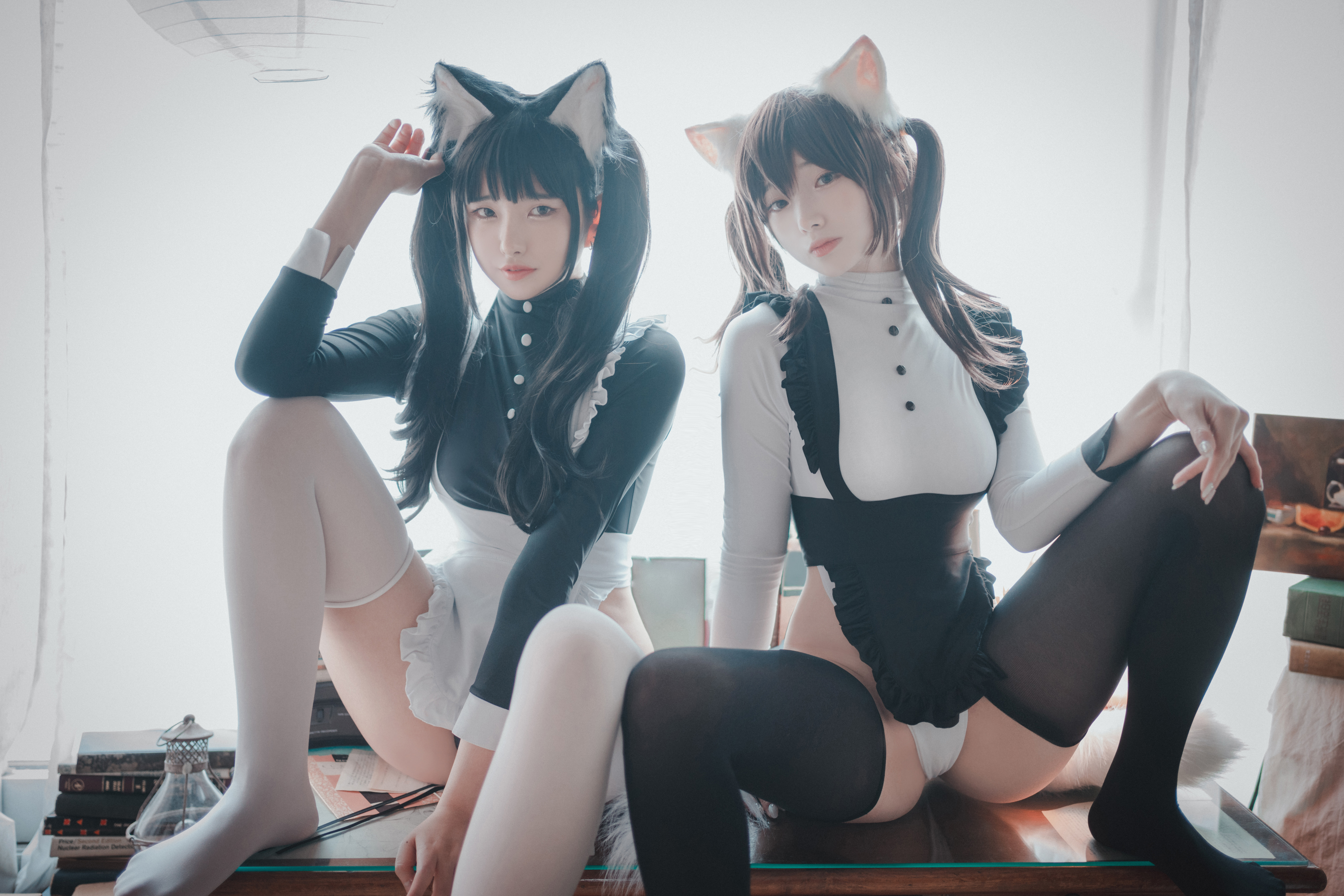 People 4000x2667 Bambi Jesuis DJAWA women model Asian cosplay maid maid outfit cat ears cat girl stockings indoors women indoors brunette twintails desk books silk Sonson white stockings black stockings