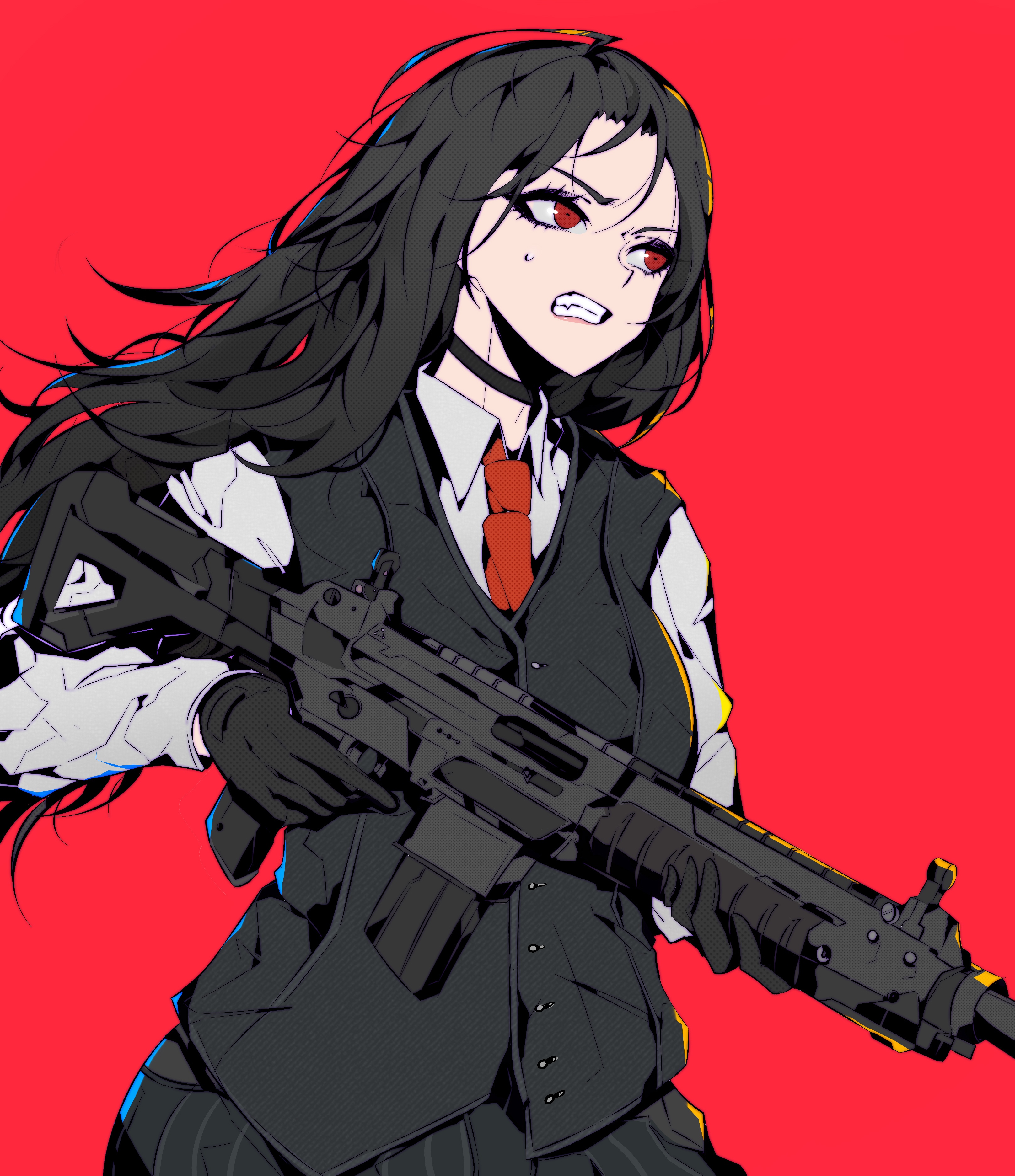 Anime 3234x3748 red eyes red background black hair angry long hair weapon rifles gun red tie white shirt assault rifle anime girls