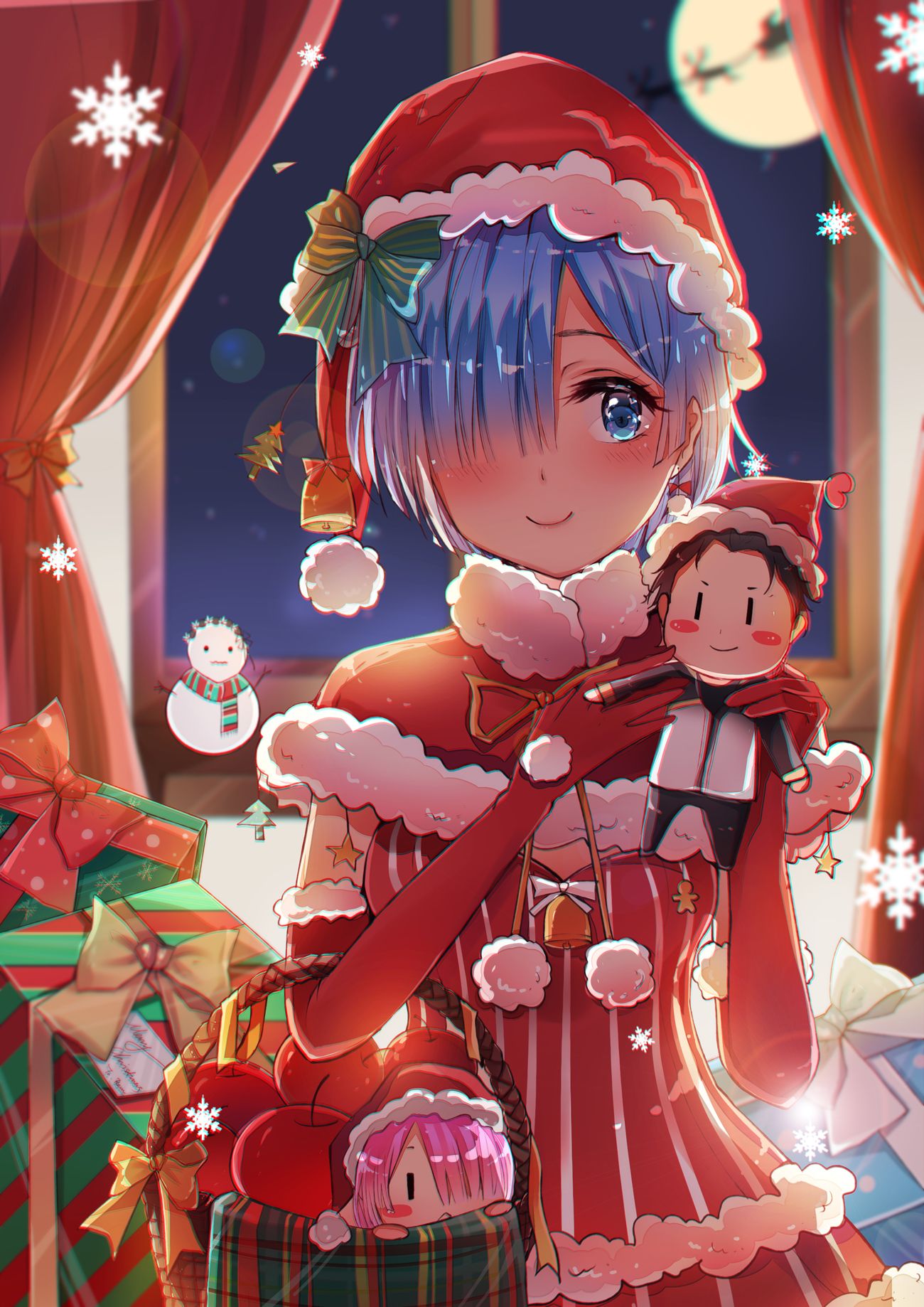 Anime 1300x1838 anime fan art Milktower artwork Christmas Santa hats Santa girl Rem (Re:Zero) Re:Zero Kara Hajimeru Isekai Seikatsu blue eyes blue hair short hair smiling
