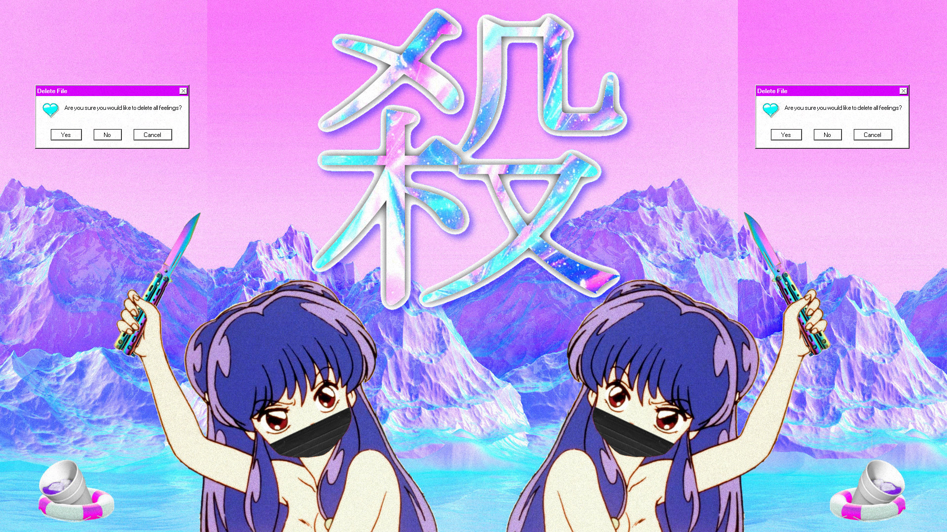 Anime 1920x1080 vaporwave retrowave topless anime blue hair butterfly knives Japanese Art Ranma ½ Shampoo