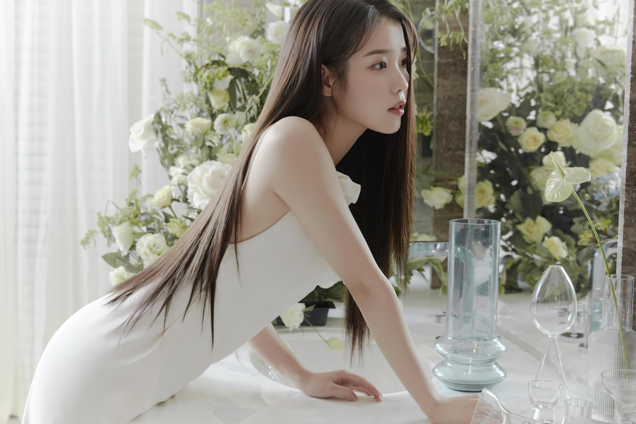 People 2048x1365 Asian Korean women singer white dress flowers long hair IU vases brunette sink mirror curtains leaning women