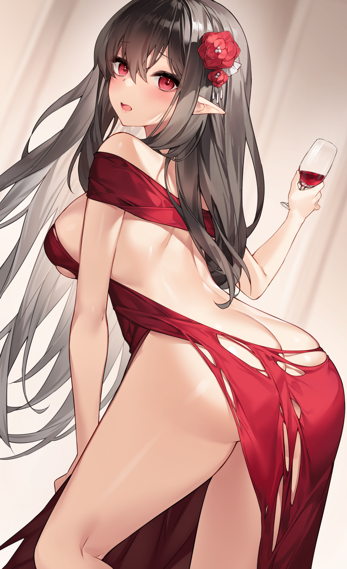 Anime 1127x1845 anime anime girls digital art artwork 2D portrait display bent over skinny red eyes pointy ears no bra open mouth blushing partially clothed looking over shoulder black hair long hair back bareback thighs glutes torn clothes dress ass elves Sora72iro nopan