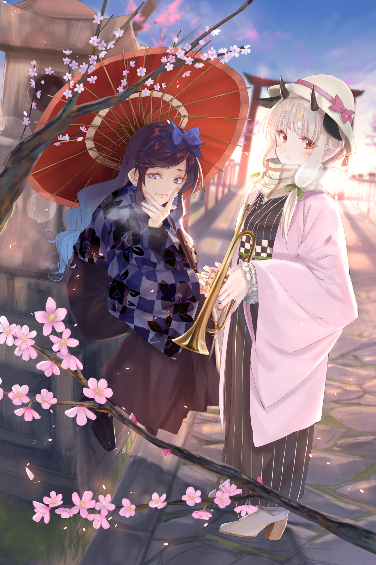 Anime 1200x1800 anime anime girls original characters New Year Plum tree blossoms Kabocha kimono portrait display umbrella horns