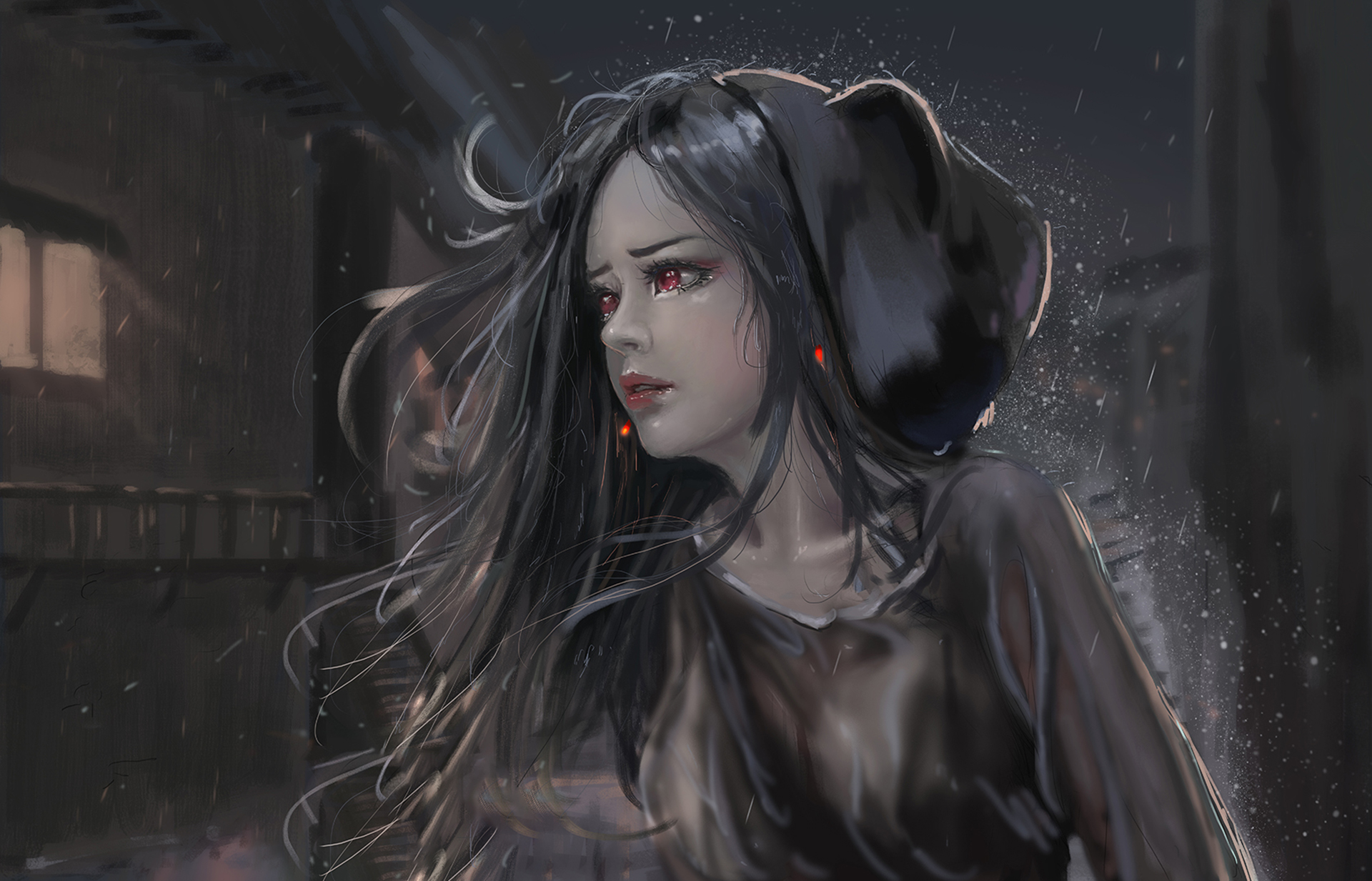 General 1920x1233 fantasy girl red eyes night rain Ydiya Kai digital art