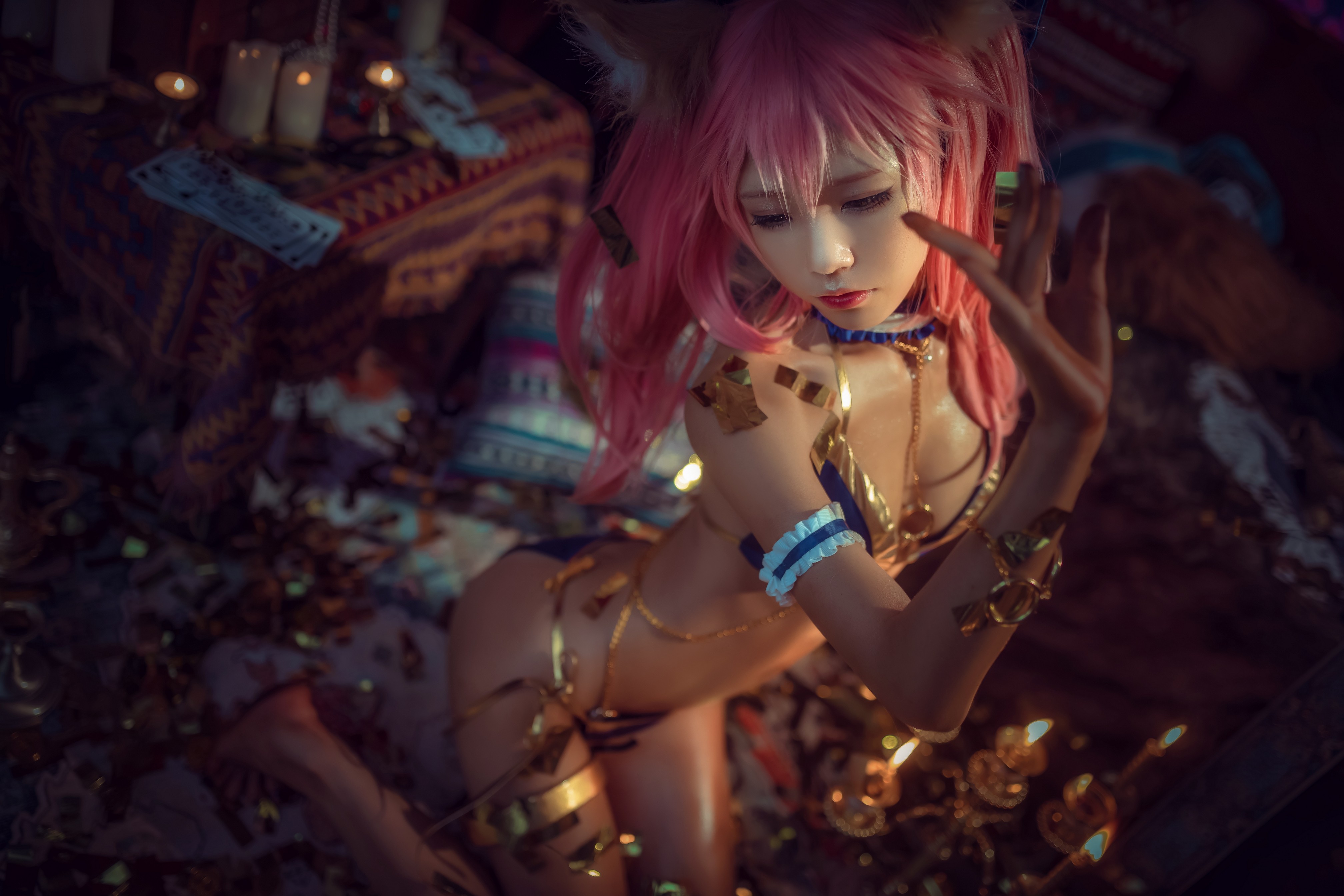 People 4032x2688 Asian body oil cosplay Shuimiaoaqua women Fate/Grand Order Tamamo no Mae (fate/grand order) Fate series Chinese model Chinese women indoors cleavage pink hair indoors anime girls hair between eyes skinny slim body kneeling small boobs model wigs candles fire