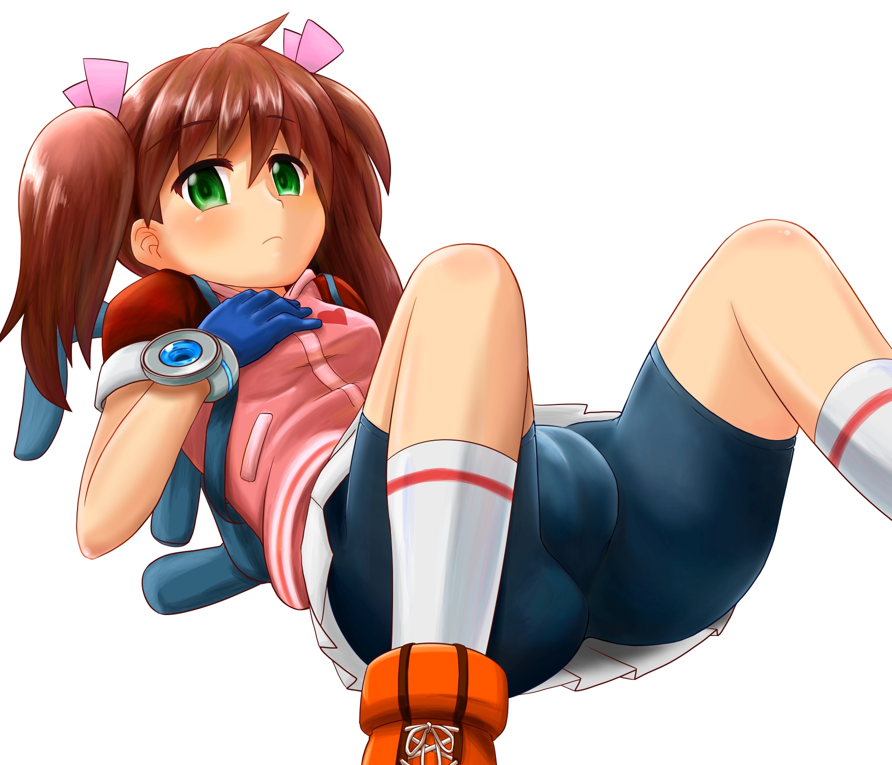 Anime 1750x1500 Ape Escape m.m anime anime girls lying on back green eyes twintails simple background white background bike shorts spread legs brunette