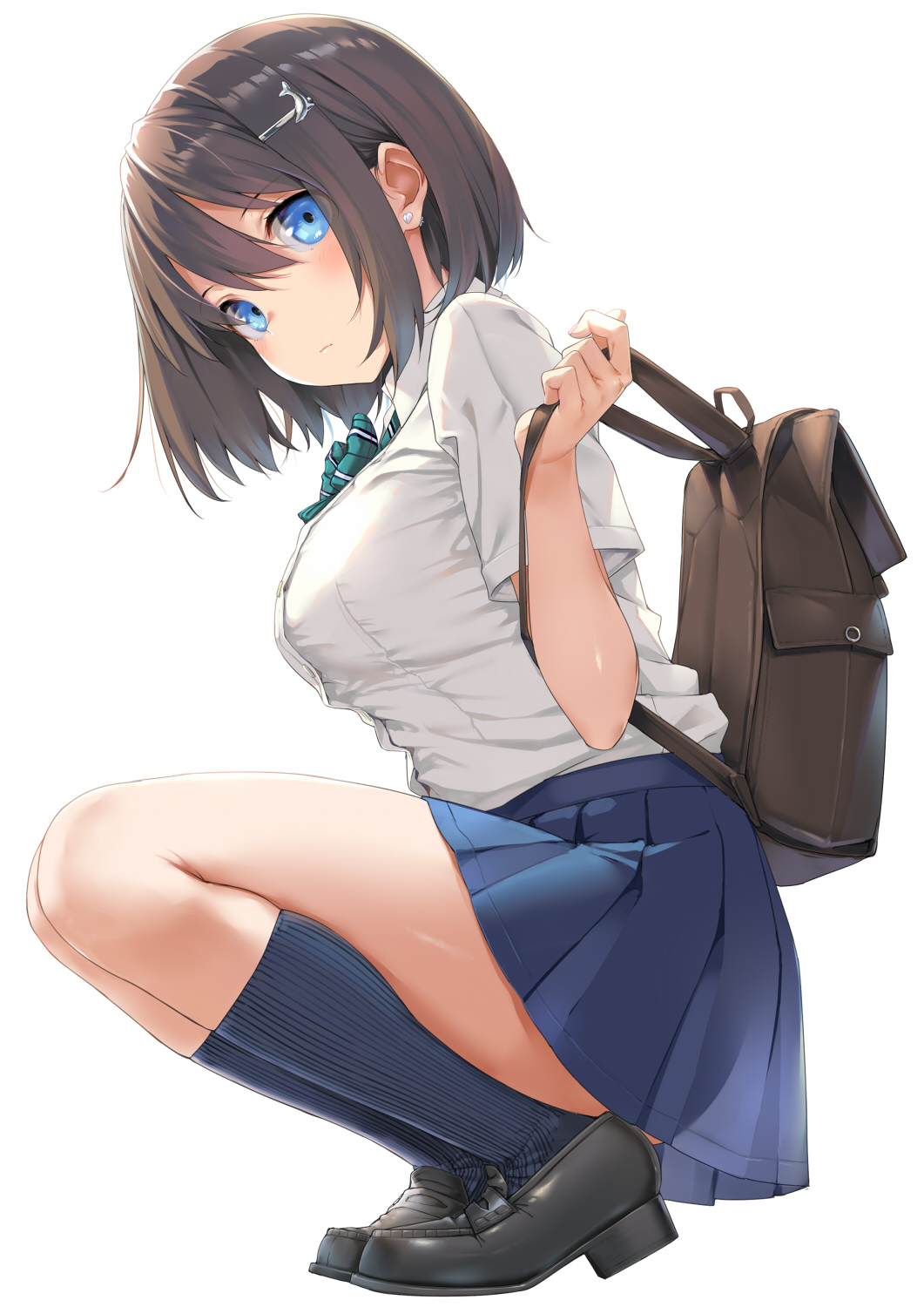 Anime 1061x1500 anime girls school uniform short hair brunette blue eyes squatting backpacks Takayaki