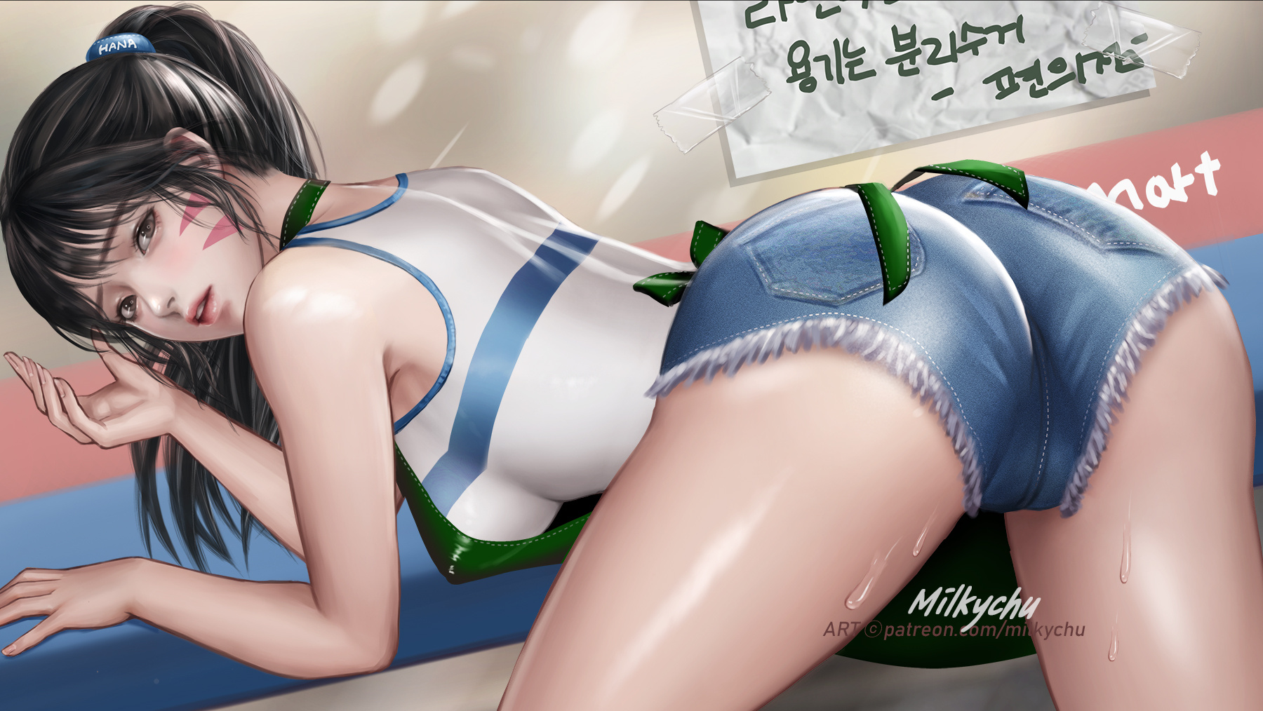 General 1800x1014 Milkychu boobs black hair ponytail looking at viewer bent over hanging boobs jean shorts video game characters women apron short shorts thighs looking over shoulder ass Korean characters Korean parted lips Overwatch video game girls long hair D.Va (Overwatch) sweat watermarked bright