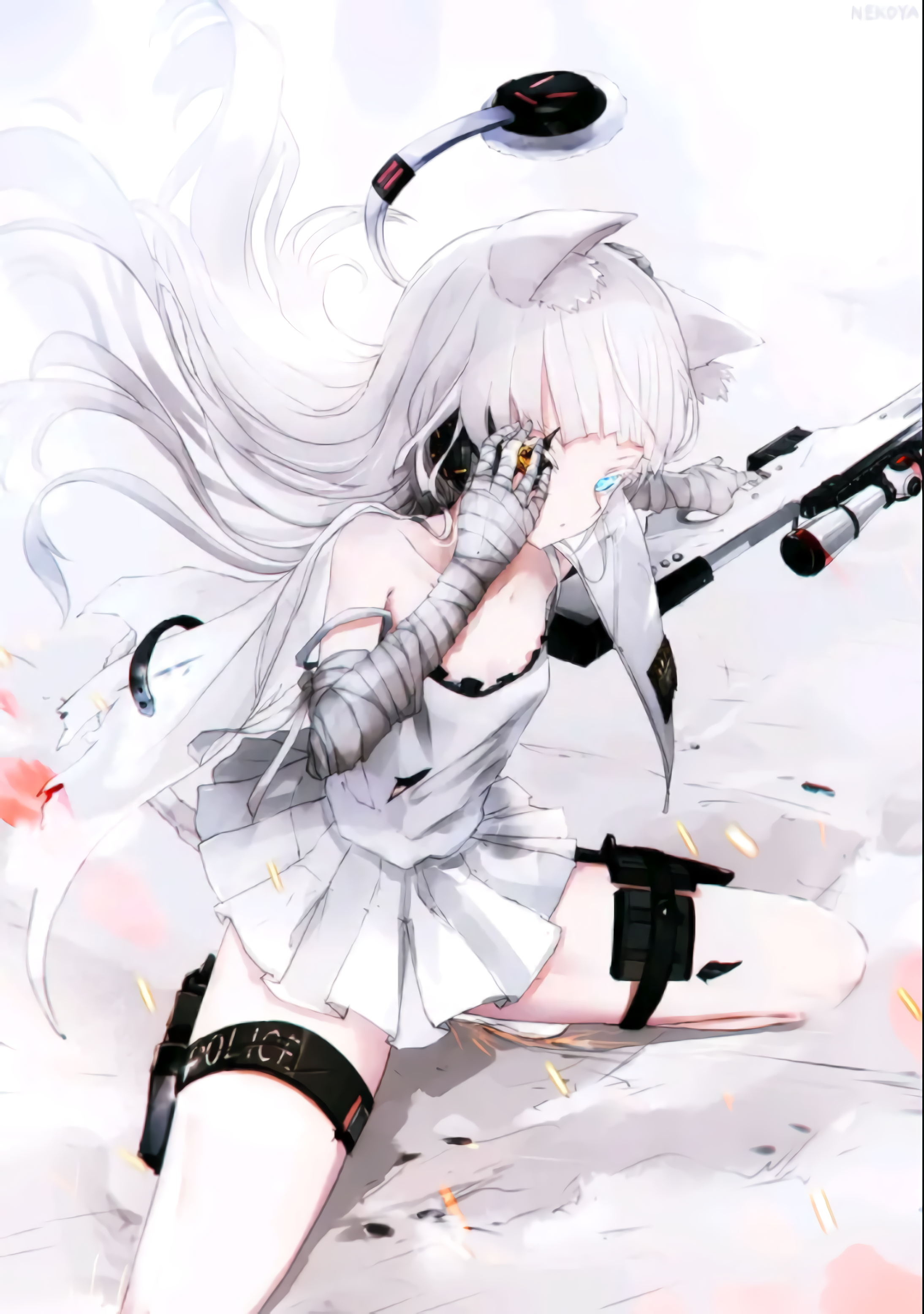 Anime 2188x3112 white hair anime girls cat girl cat ears gun girls with guns headphones