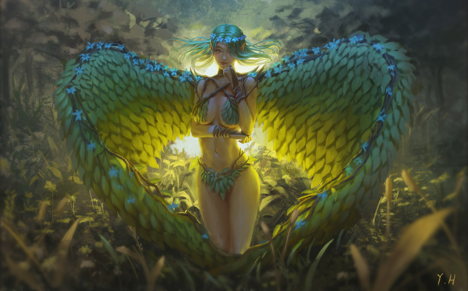 General 1920x1194 fantasy art fantasy girl forest green hair elf girl wings