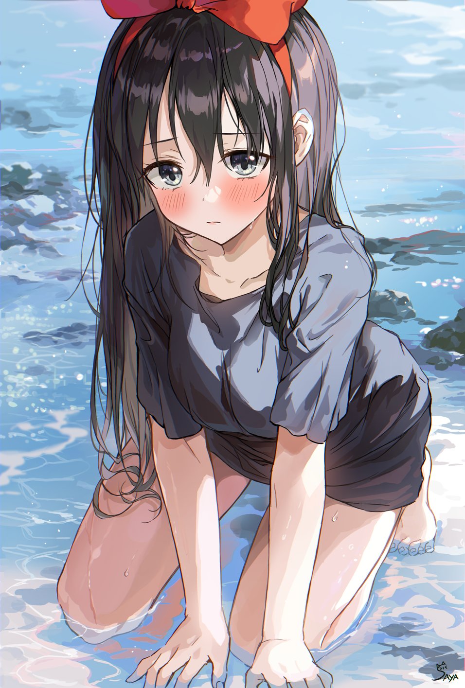 Anime 956x1415 Mychristian2 anime girls dark hair water wet clothing