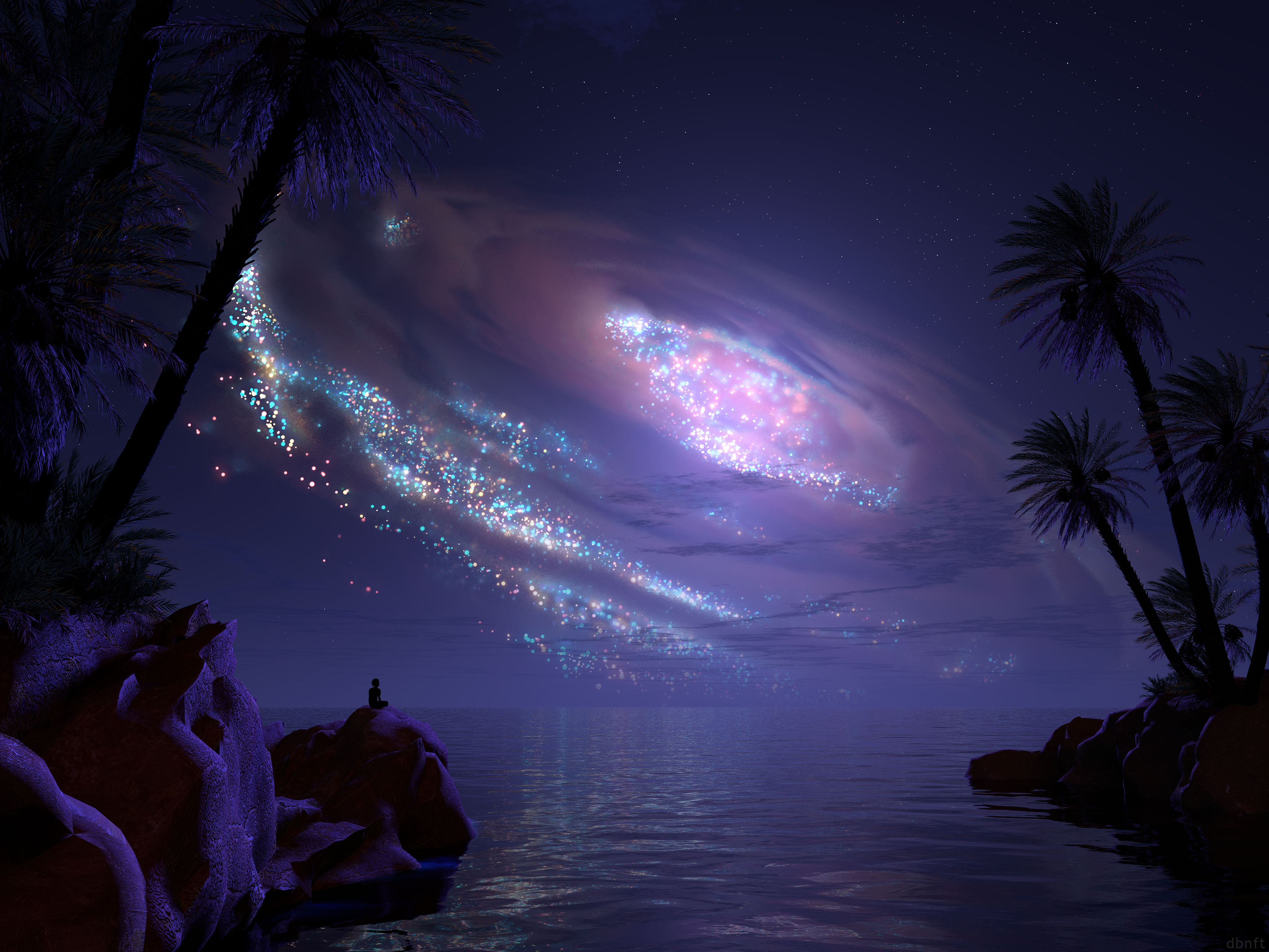 General 4096x3072 Digital Blasphemy digital art artwork CGI nature landscape abstract night palm trees sea nightscape galaxy stars
