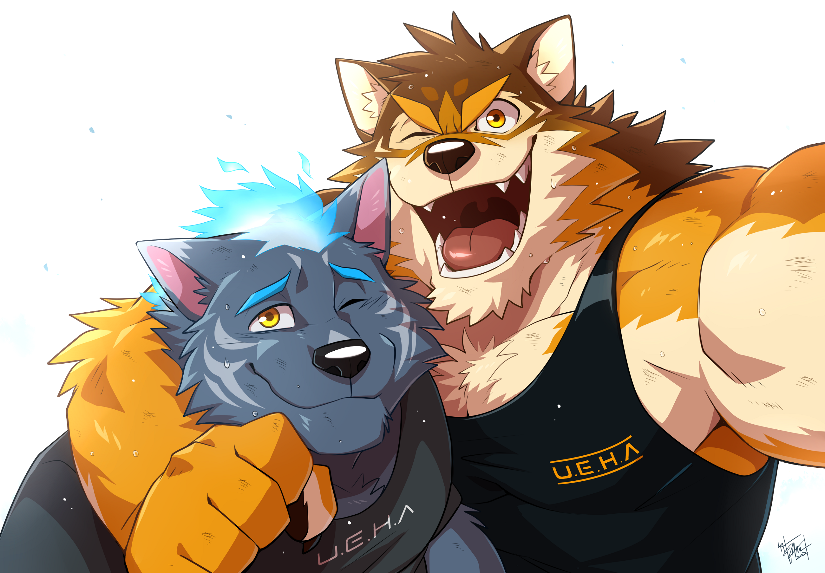 General 2800x1943 Barrel（Tokyo Afterschool Summoners） anime creatures Anthro takemoto arashi digital art simple background furry signature one eye closed open mouth selfies muscles white background