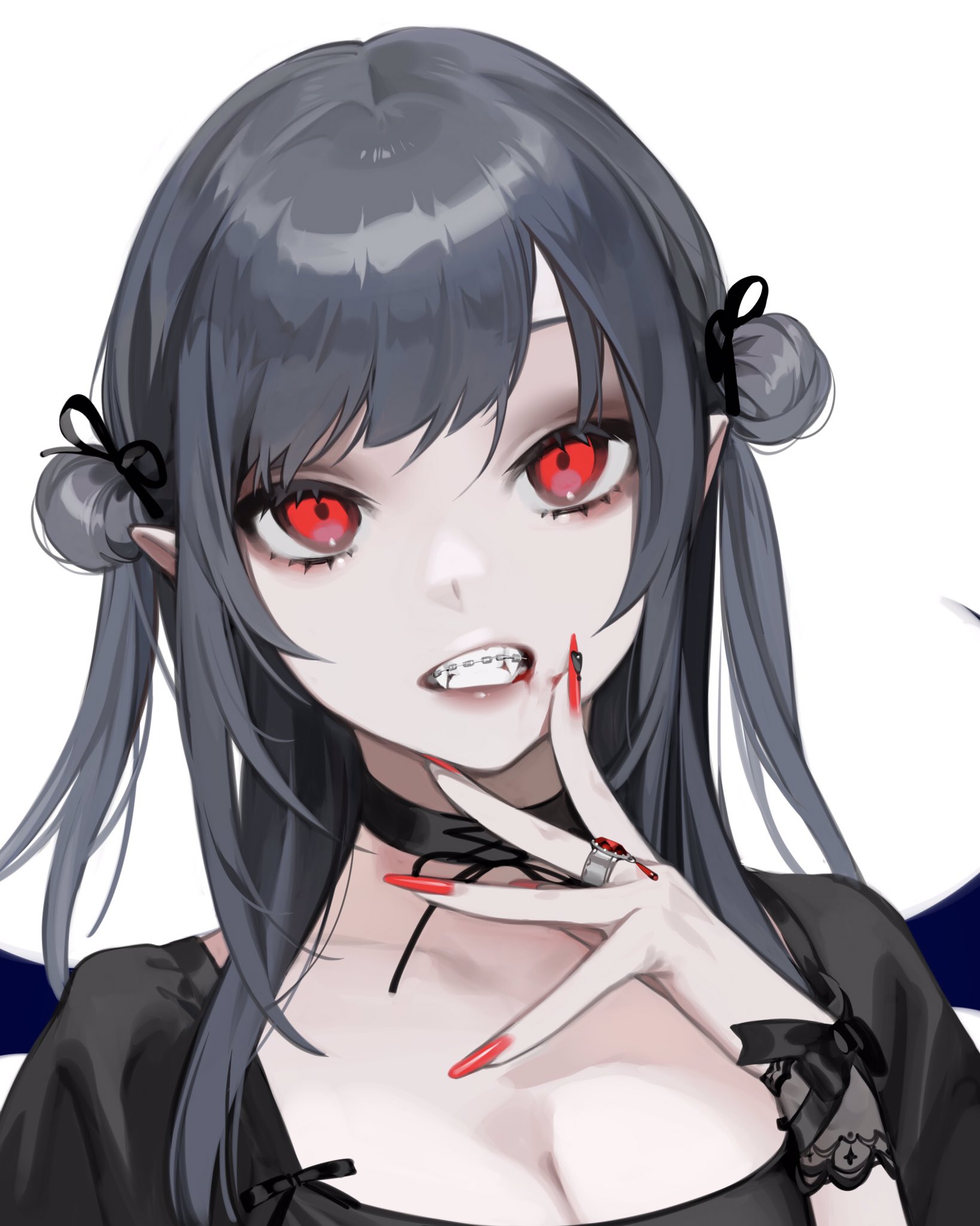 Anime 1638x2048 ohisashiburi anime girls original characters artwork dark hair red eyes vampires teeth braces