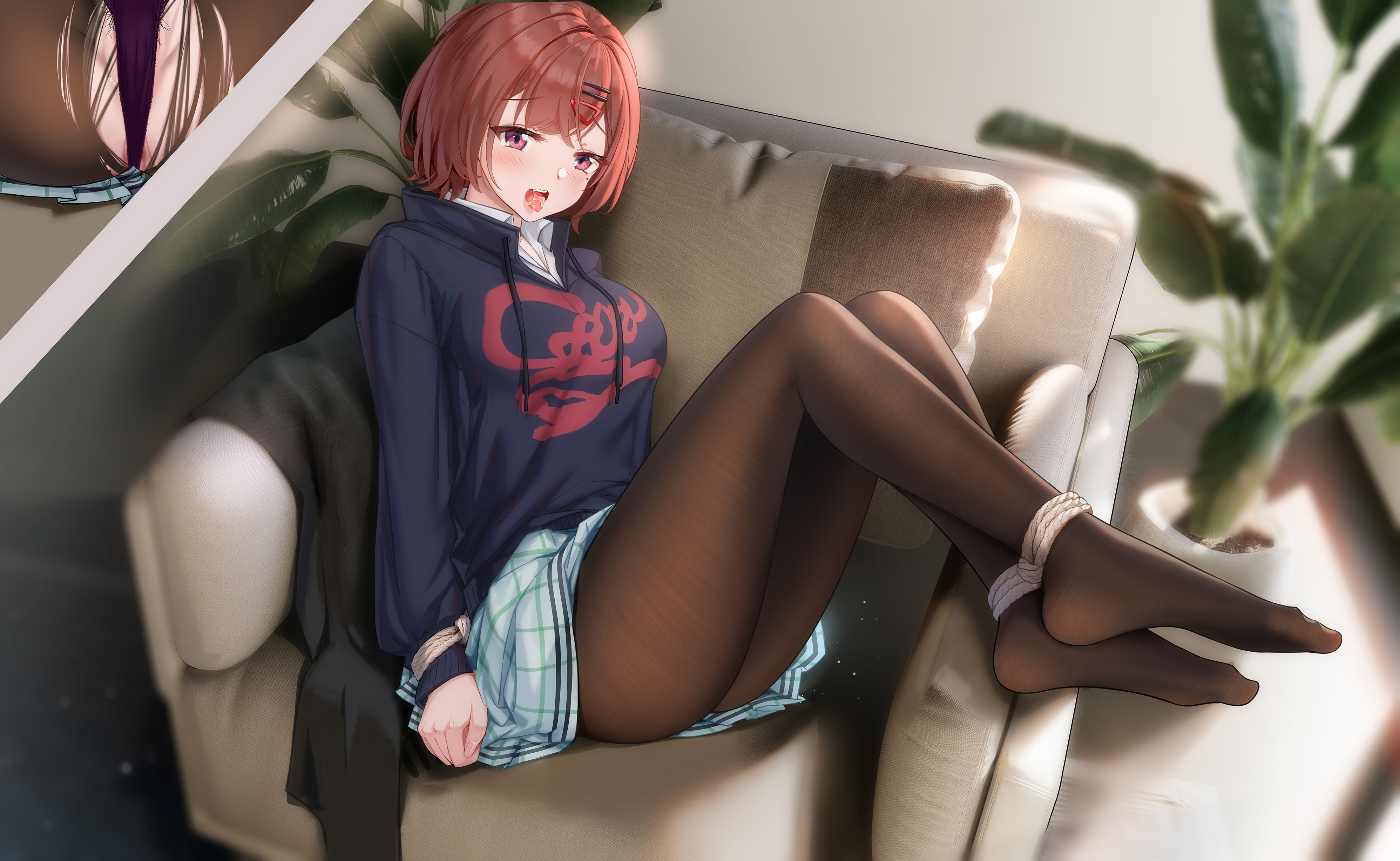 Anime 3993x2456 anime anime girls Hong Bai artwork bondaged pantyhose tongue out rope bound legs tied hands tied saliva open mouth moles redhead red eyes aroused