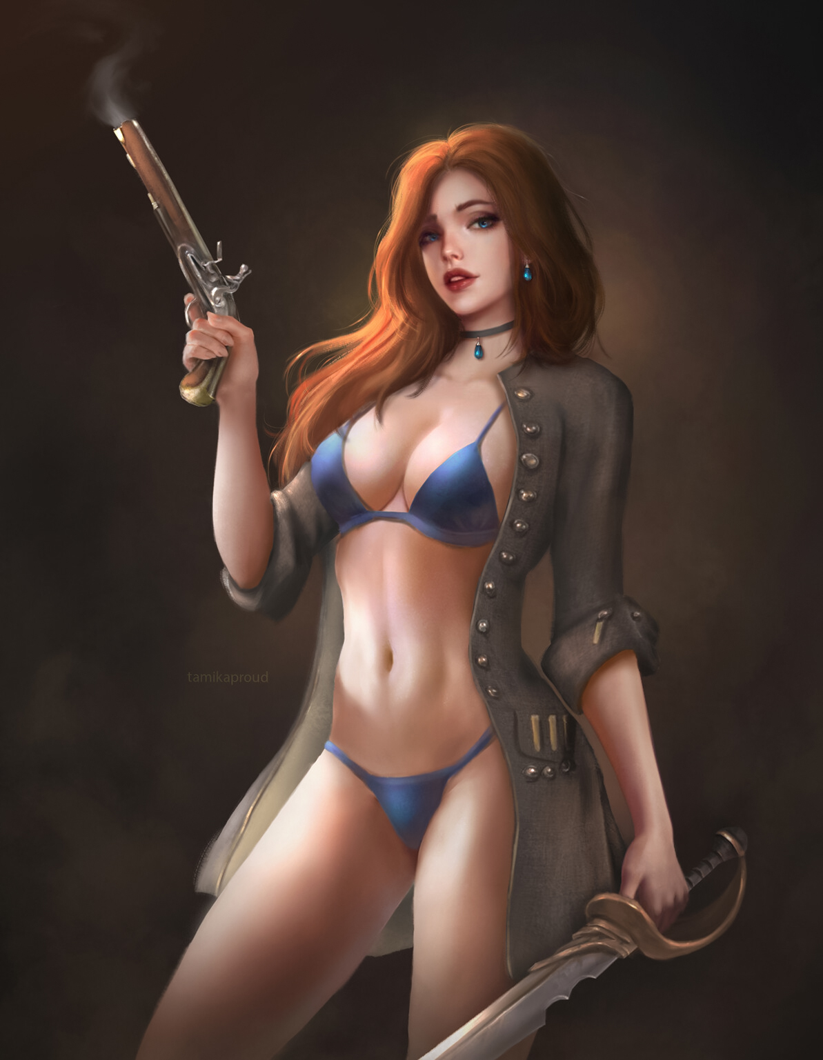 General 1193x1537 Tatiana Hordiienko drawing women pirates redhead open clothes weapon pistol simple background