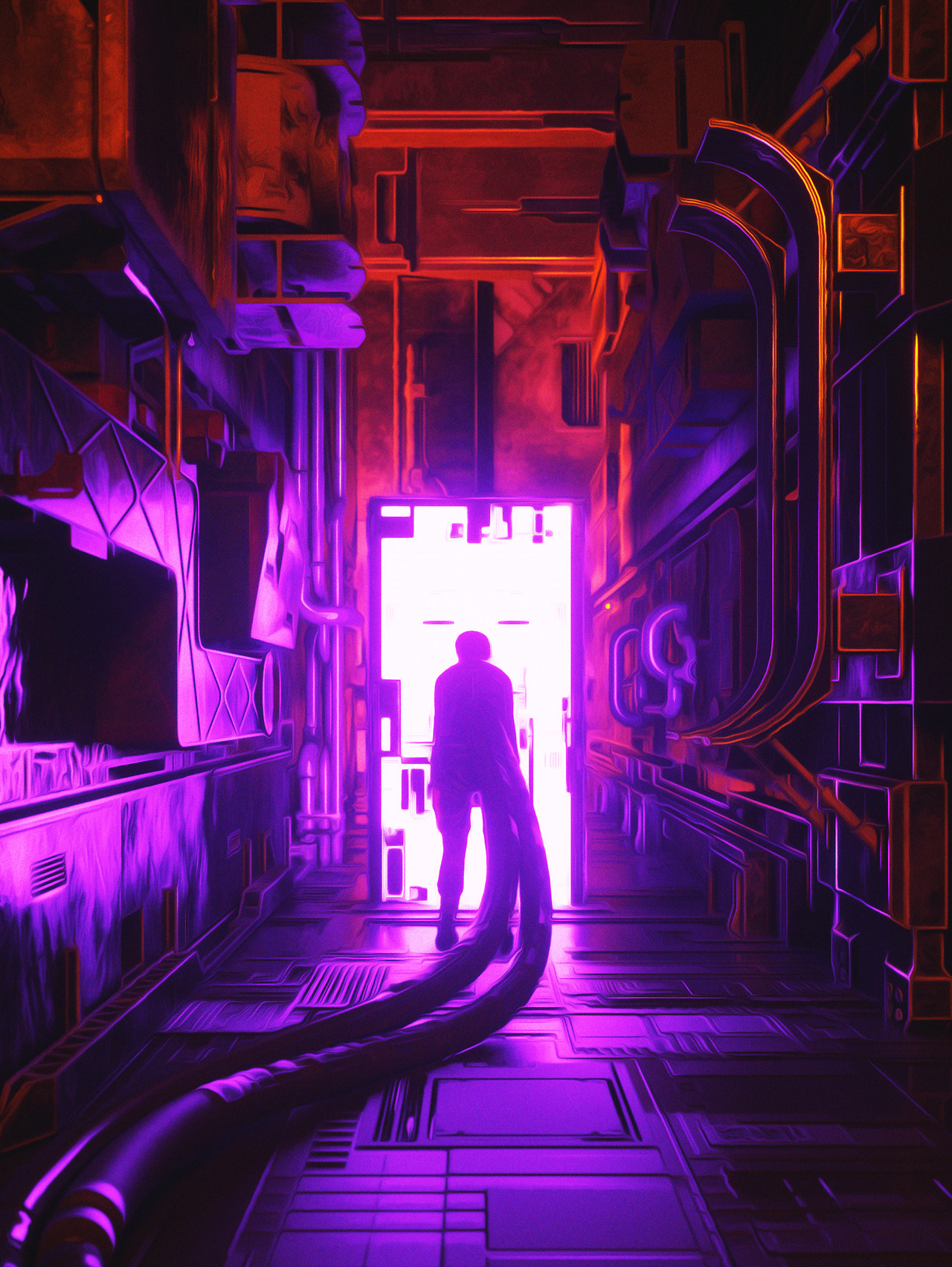 General 1280x1703 futuristic artwork cyberpunk bright doorways looking away neon portrait display purple glowing silhouette wires