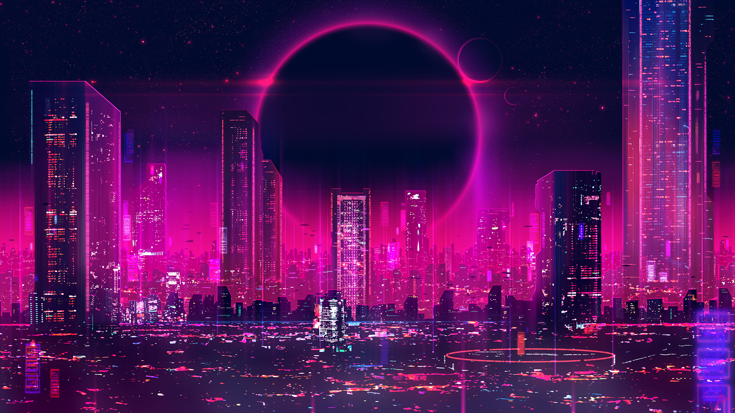 General 2560x1440 JoeyJazz science fiction neon digital art night planet stars city Gunship