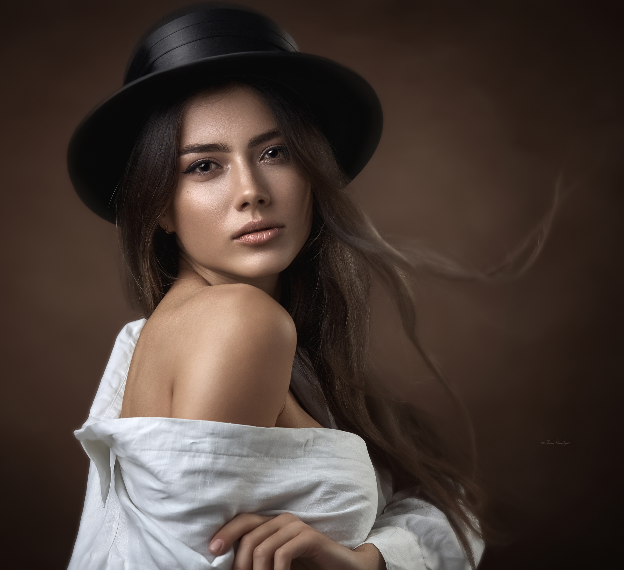 People 2048x1870 Ivan Kovalyov women hat brunette long hair bare shoulders open clothes shirt open shirt white clothing portrait simple background women with hats black hat brown eyes white shirt