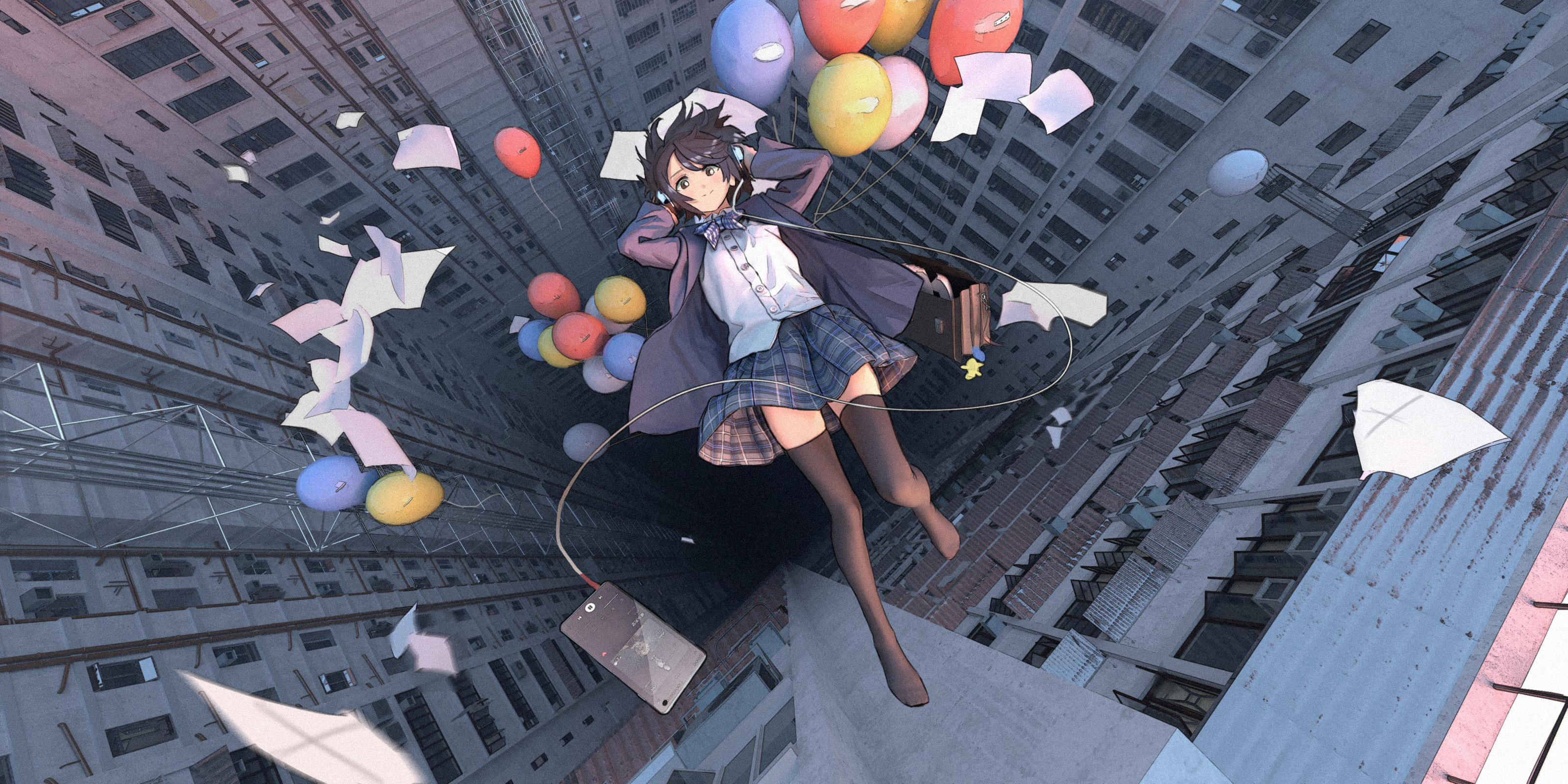 Anime 3200x1600 anime girls school uniform balloon falling headsets kryp132