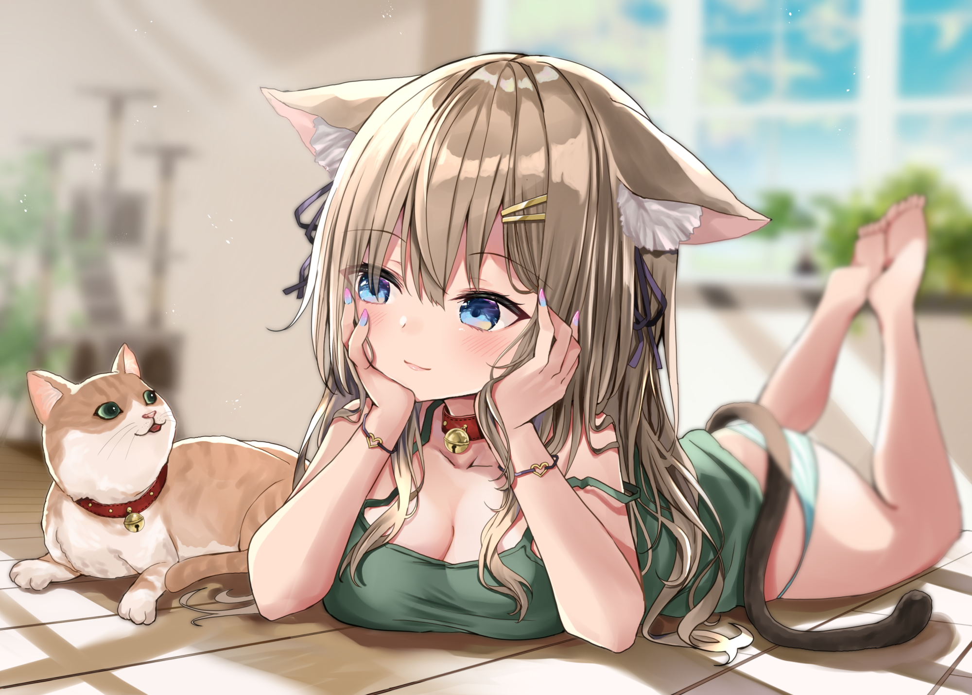 Anime 2000x1430 blue eyes cats brunette animal ears tail cat girl anime girls Akino Ell lying on front cleavage
