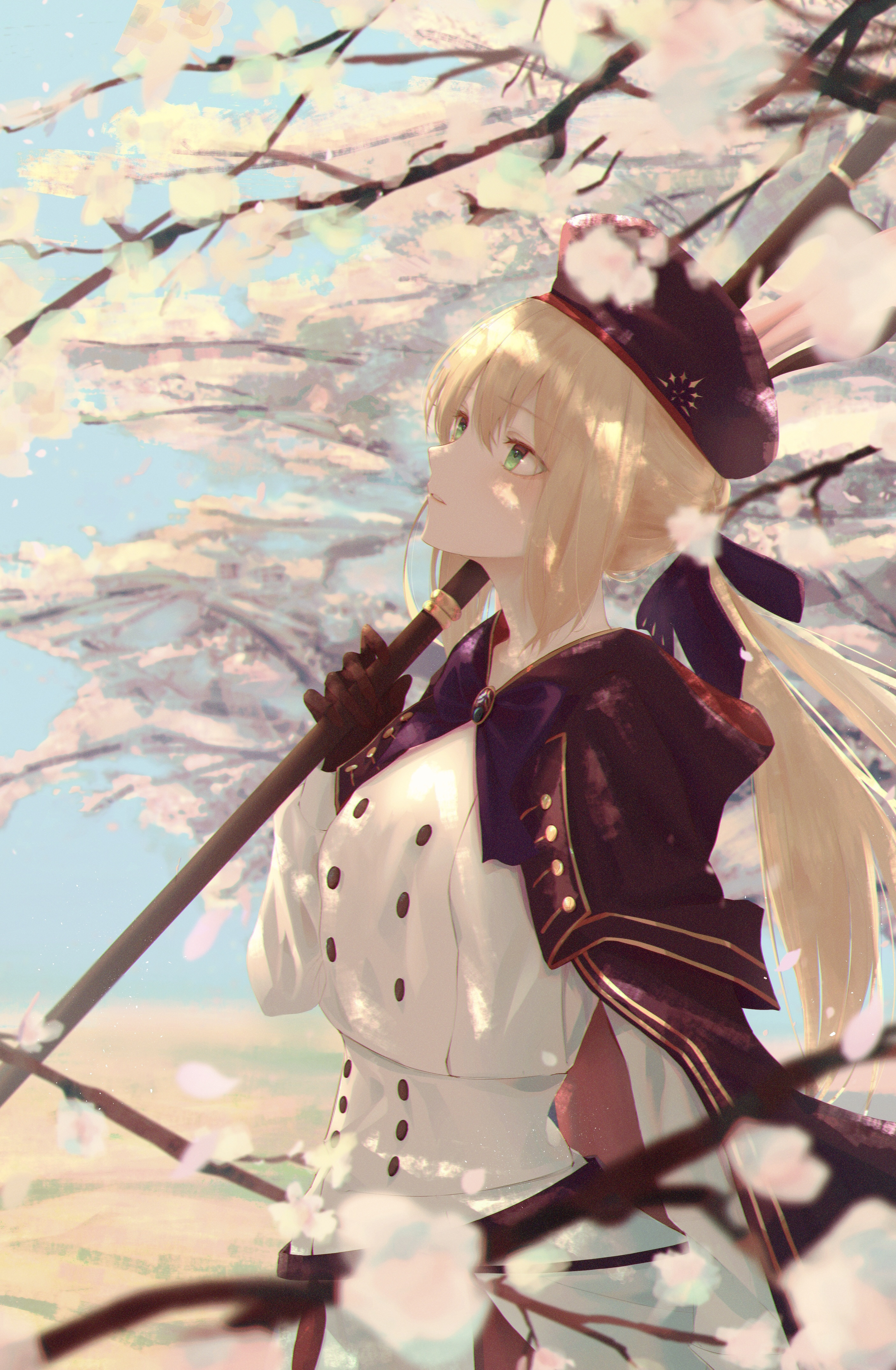 Anime 2811x4296 Fate/Grand Order blonde portrait display anime girls 7ife Fate series green eyes looking up cherry blossom Artoria Pendragon