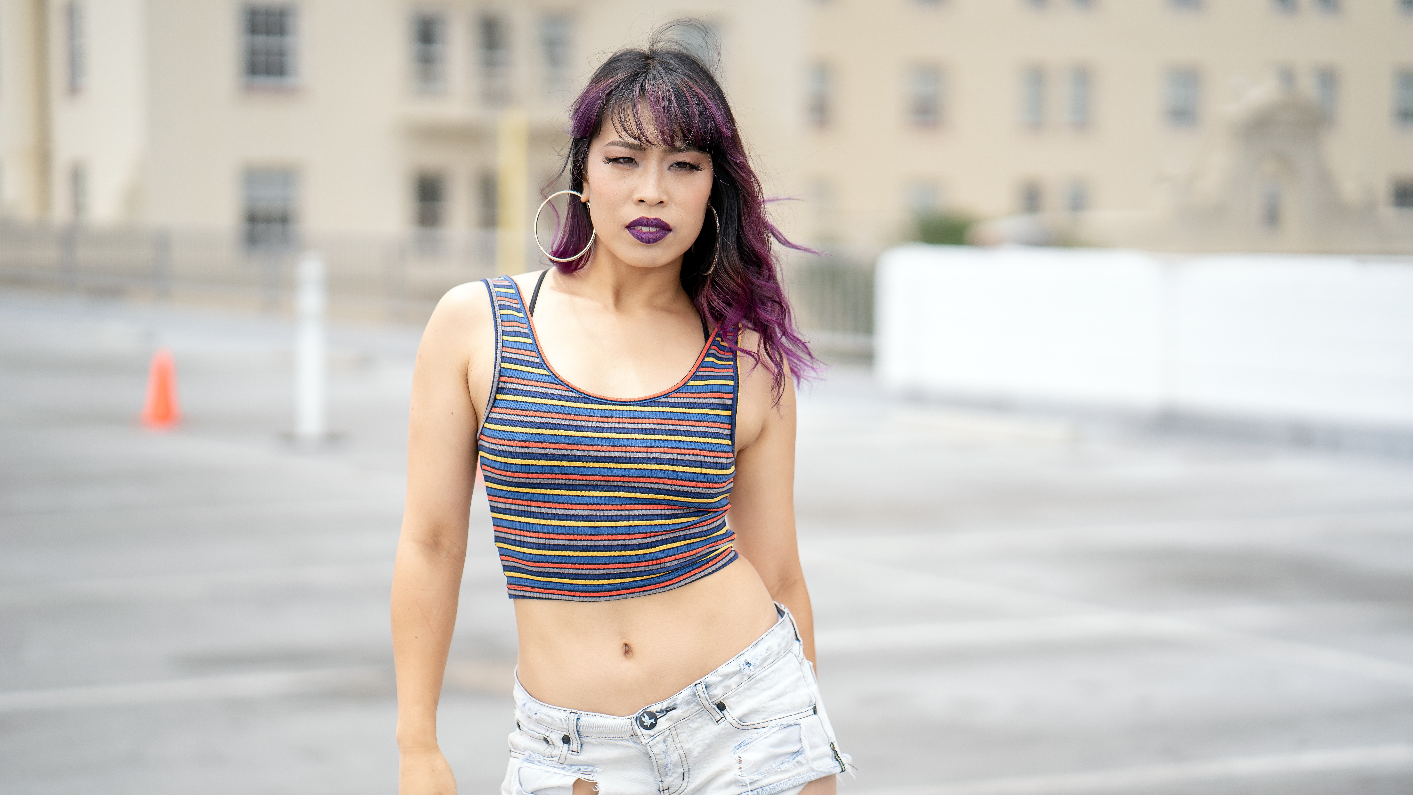 People 6000x3375 depth of field purple hair jean shorts striped tops innie navel bare midriff belly belly button crop top tank top women