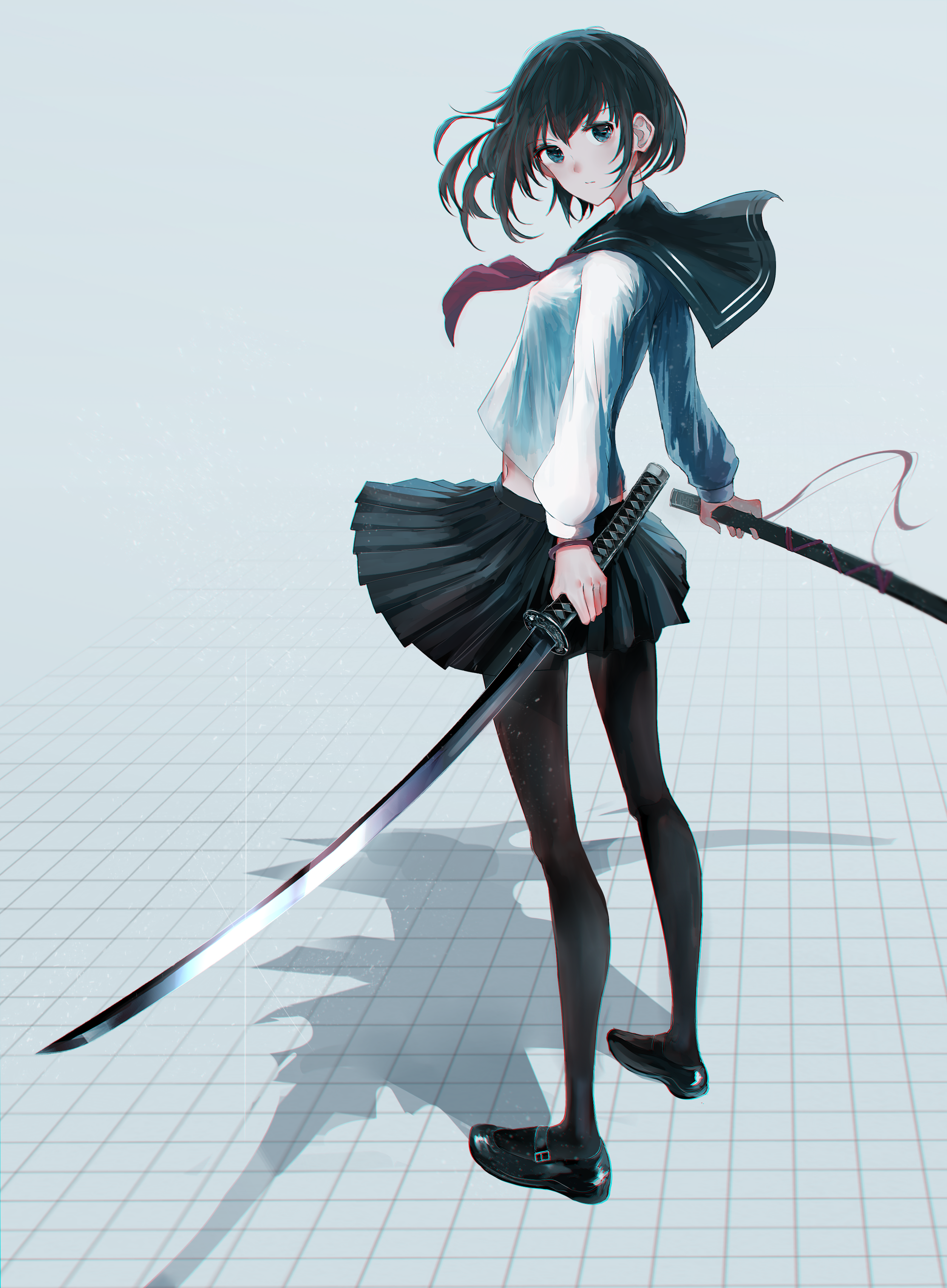 Anime 2507x3410 SWAV anime anime girls sword school uniform pantyhose dark hair dark eyes