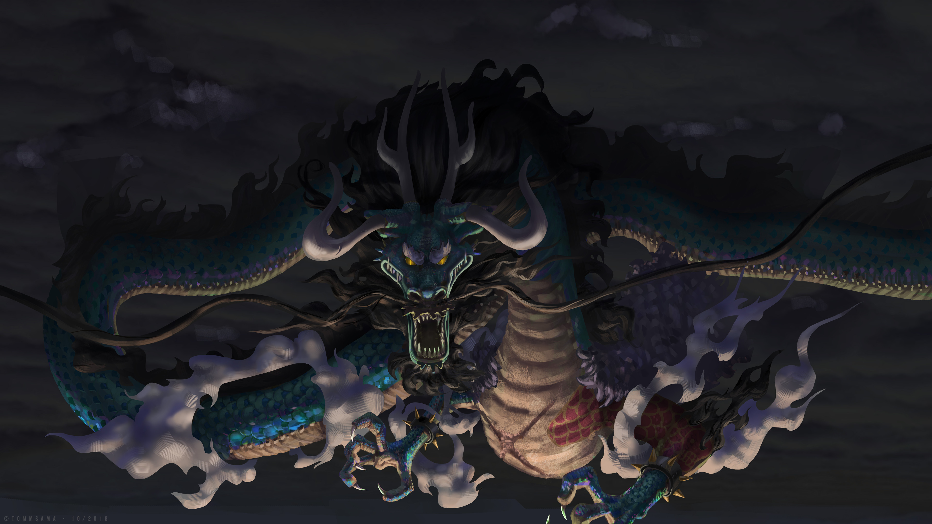 General 3840x2160 Kaido One Piece frontal view Chinese dragon open mouth fantasy art artwork glowing eyes yellow eyes creature