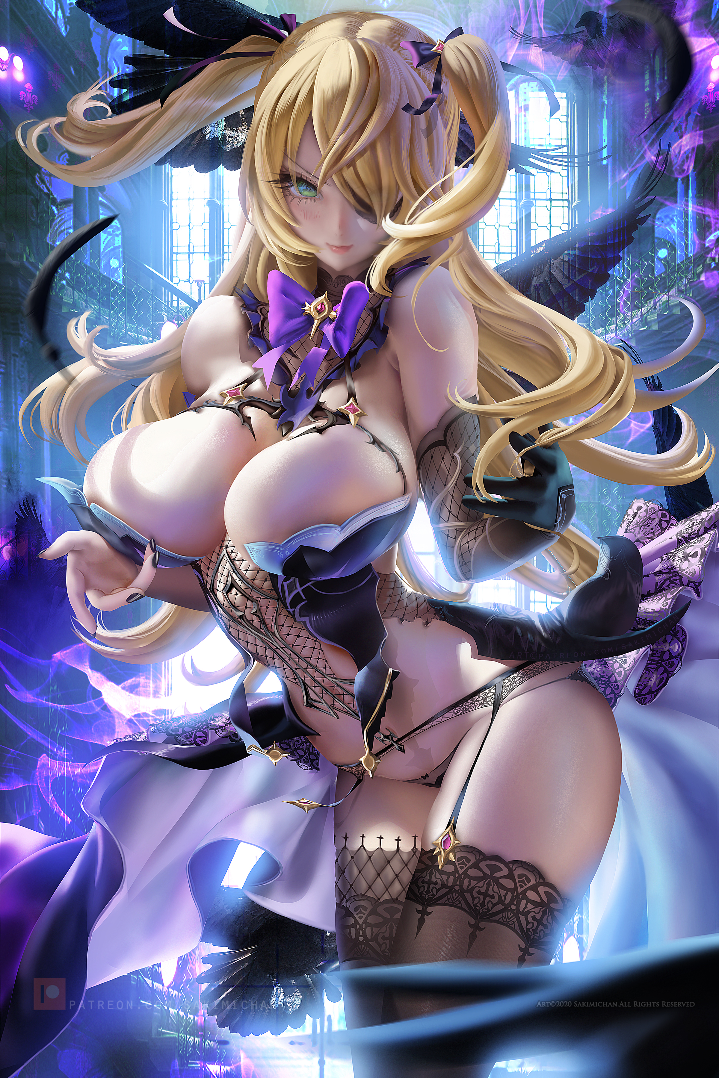 Anime 2400x3600 video game characters blonde twintails long hair hair accessories looking at viewer blushing smiling bare shoulders lingerie fishnet corset big boobs huge breasts garter belt G-strings panties stockings black stockings elbow gloves feathers belly thick thigh curvy portrait display artwork drawing digital art skimpy clothes Genshin Impact fan art Sakimichan anime girls Fischl (Genshin Impact) video games anime eyepatches green eyes
