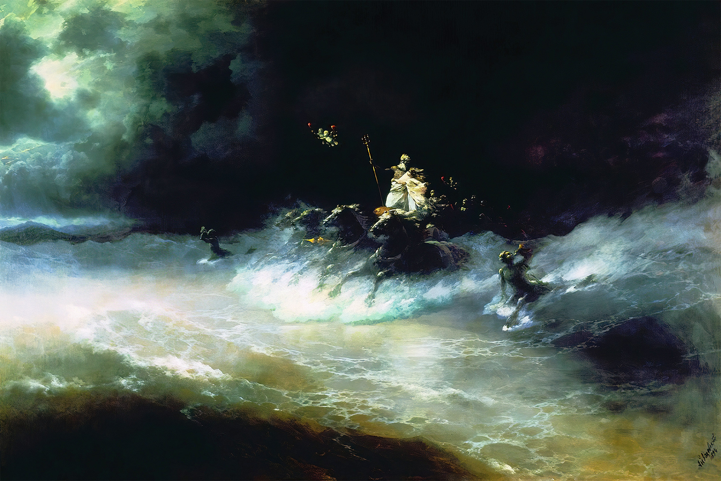 General 2500x1667 Travel of Poseidon by Sea Greek mythology Poseidon horse painting classic art Ivan Aivazovsky