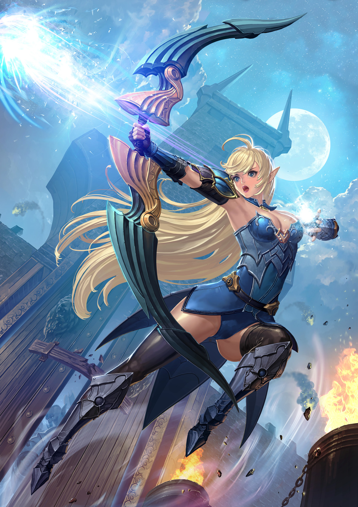 Anime 1200x1699 Donfoo drawing women elves archer blonde bow fantasy art magic fighting fire anime girls