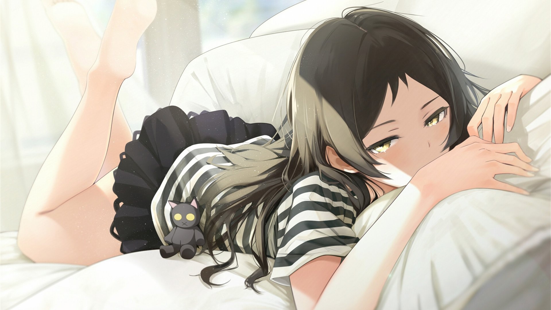 Anime 1920x1080 anime black hair in bed anime girls THE iDOLM@STER Kitazawa Shiho lying on front feet in the air barefoot FED artwork long hair yellow eyes