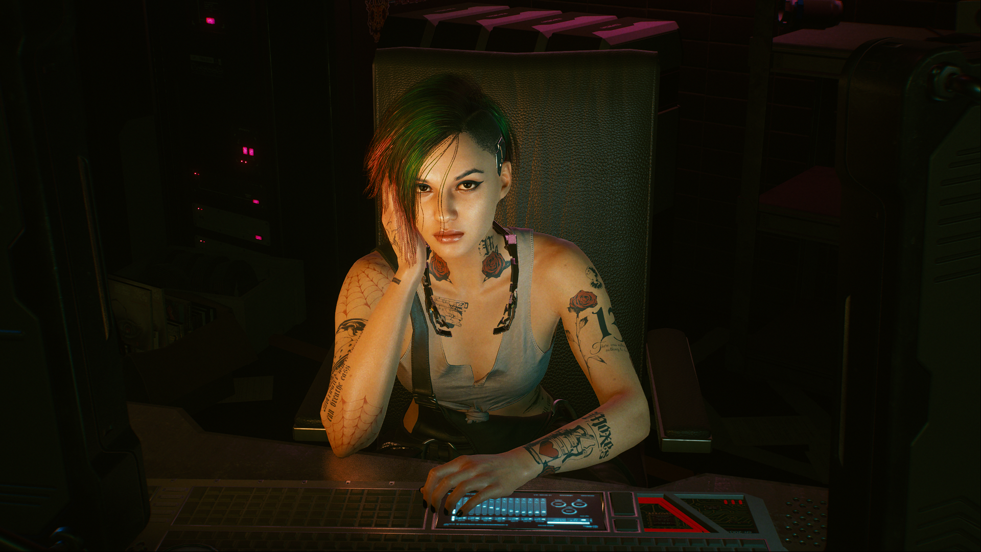 General 1920x1080 Judy Alvarez keyboards tattoo Cyberpunk 2077 looking at viewer CD Projekt RED video game girls green hair hand on face hands in hair hands on head video game characters short hair inked girls
