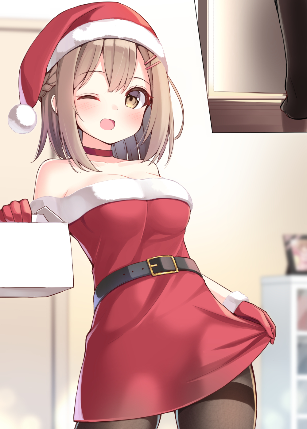 Anime 1000x1399 anime anime girls digital art artwork 2D portrait display Ominaeshi Christmas Santa hats Santa girl bare shoulders dress pantyhose wink brown eyes brunette short hair