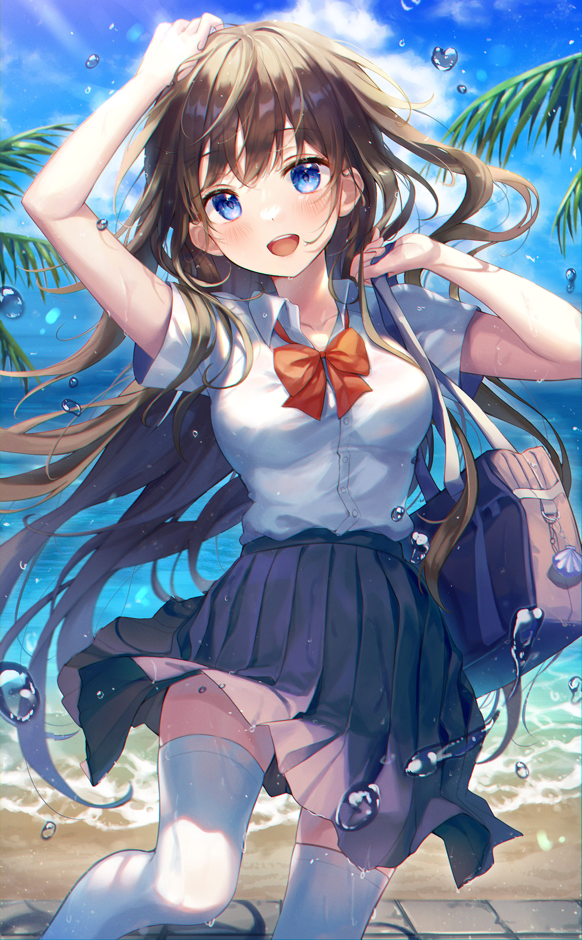 Anime 1858x3000 Aibek beach clear sky anime anime girls skirt open mouth brunette long hair blue eyes arms up thigh-highs school uniform