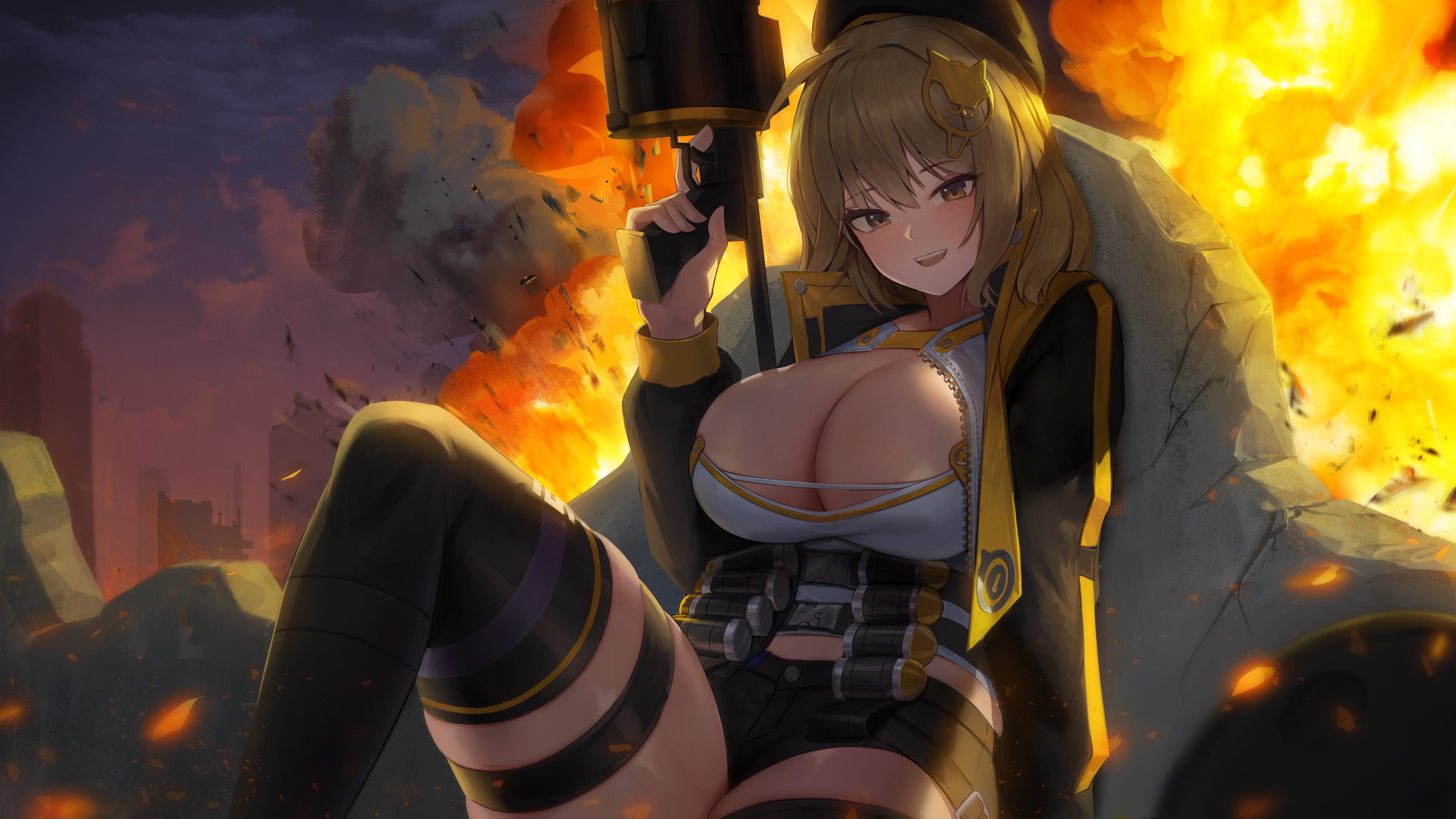 Anime 5760x3240 anime anime girls big boobs thighs blonde blushing explosion sitting open mouth happy thick thigh cleavage short shorts artwork ONEDOO