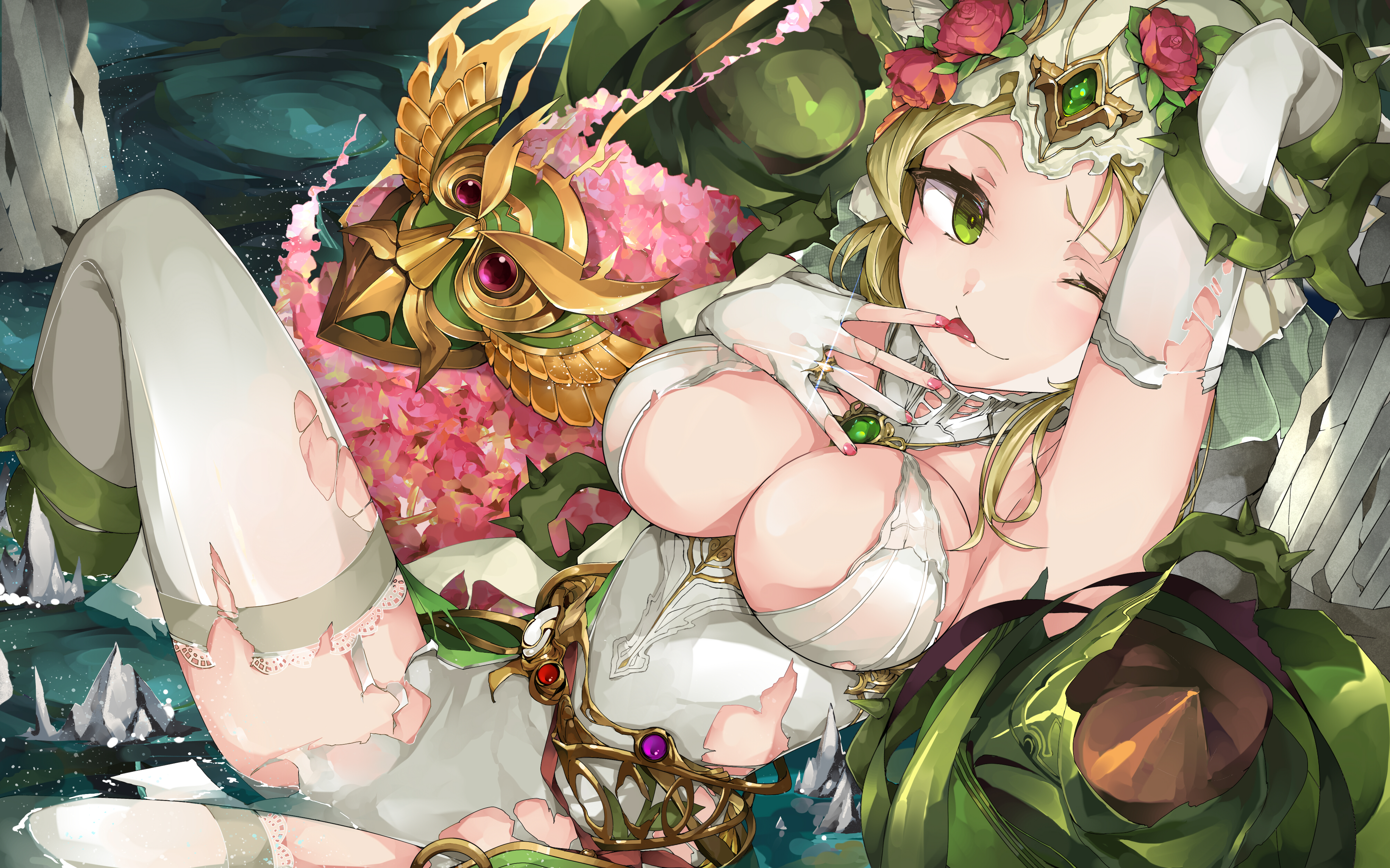 Anime 4000x2500 anime anime girls big boobs in water dress thigh-highs torn clothes cleavage tongue out green eyes blonde Tower of Saviors Polymer77721 artwork