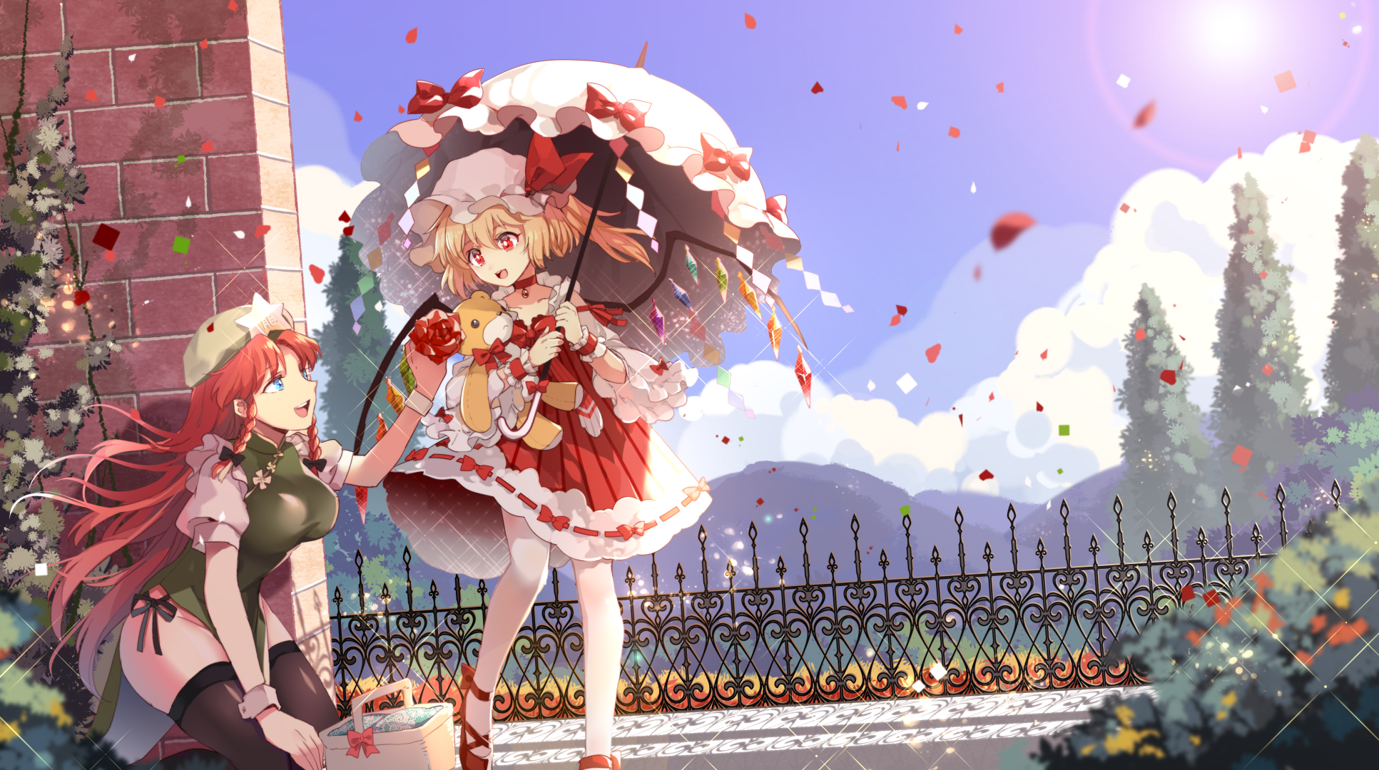 Anime 1933x1080 Chinese dress thigh-highs Touhou anime girls dress umbrella Flandre Scarlet Hong Meiling thighs