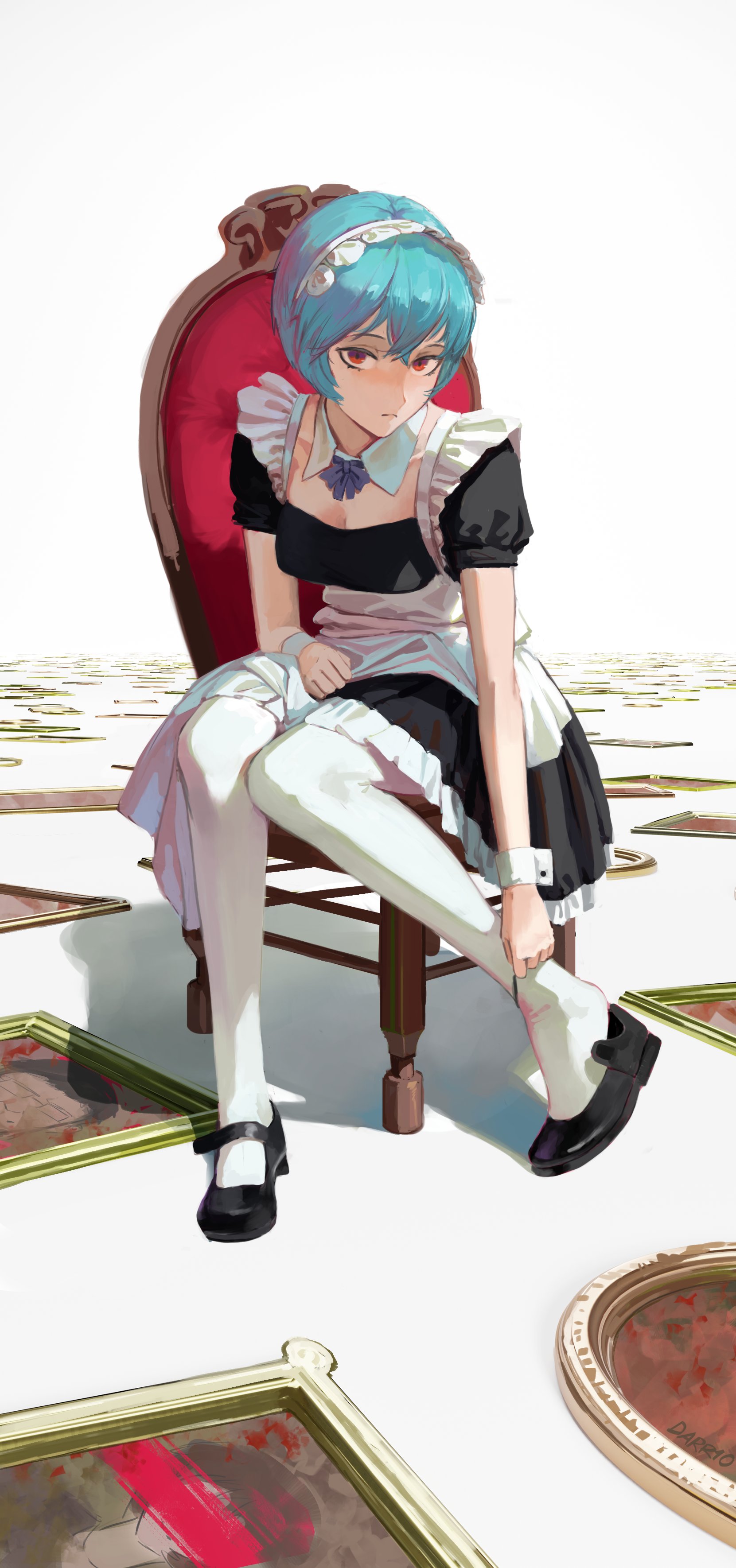 Anime 1661x3540 Darrio maid Ayanami Rei illustration looking at viewer red eyes short hair blue hair maid outfit anime girls Neon Genesis Evangelion