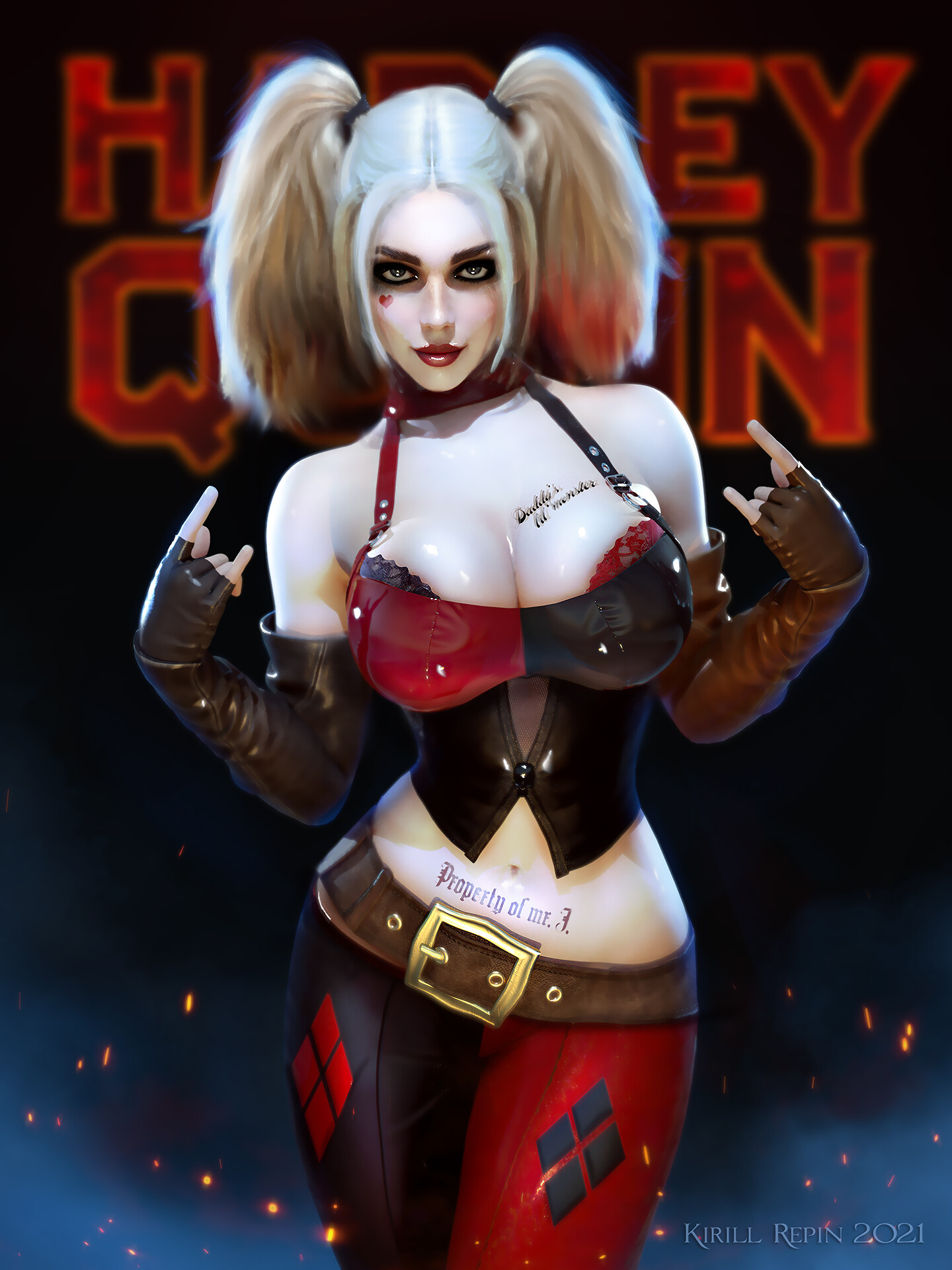 General 1440x1920 Kirill Repin drawing DC Comics Harley Quinn blonde twintails women face paint bra cleavage black clothing red clothing tattoo sparks big boobs