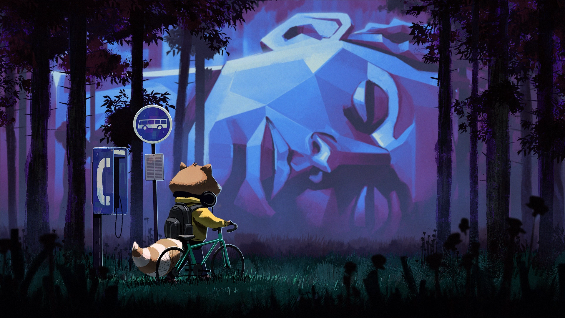 General 1920x1080 raccoons payphone bus stop forest clearing bicycle night Anthro Simon Leclerc