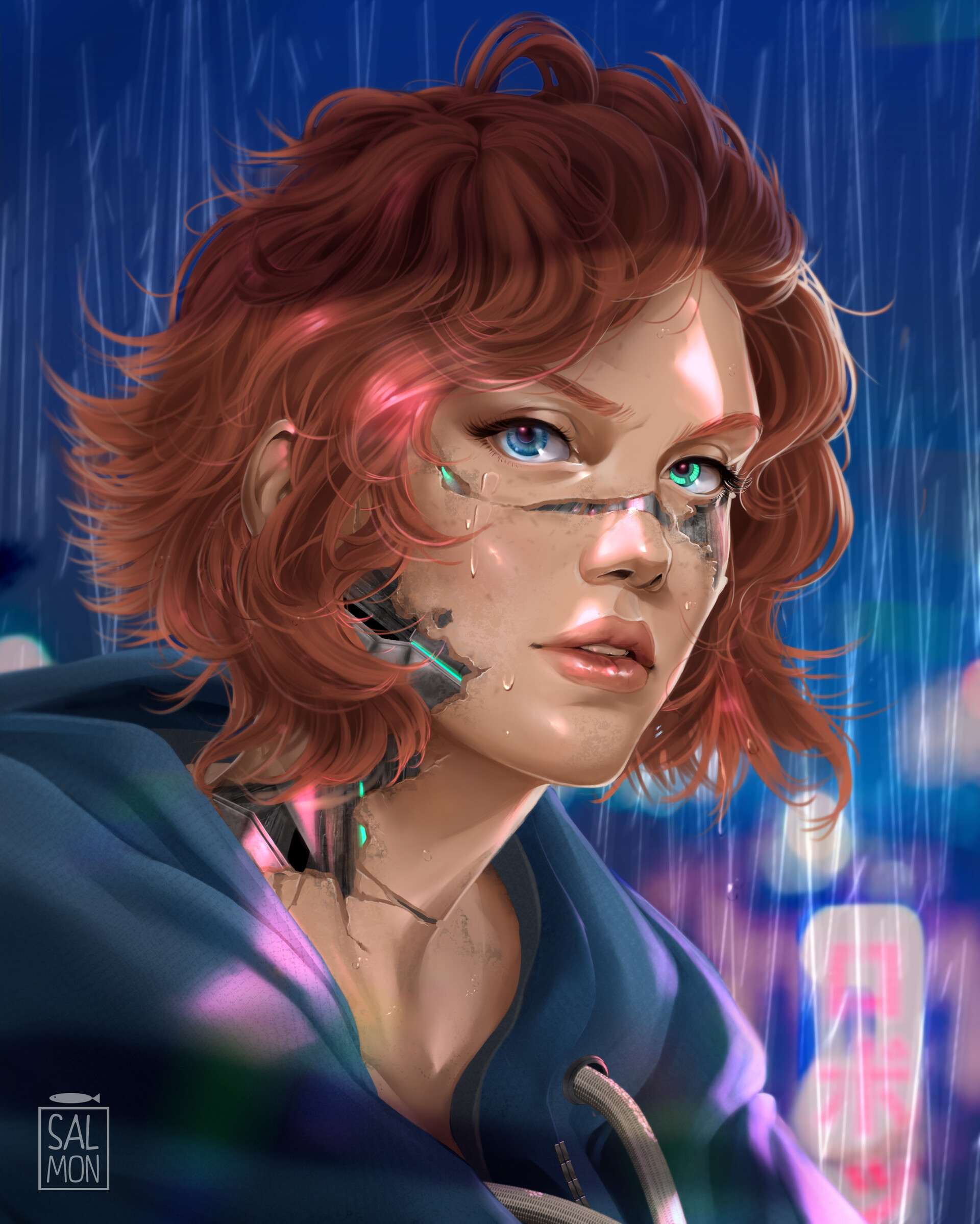 General 1920x2397 women artwork redhead science fiction cyborg heterochromia rain