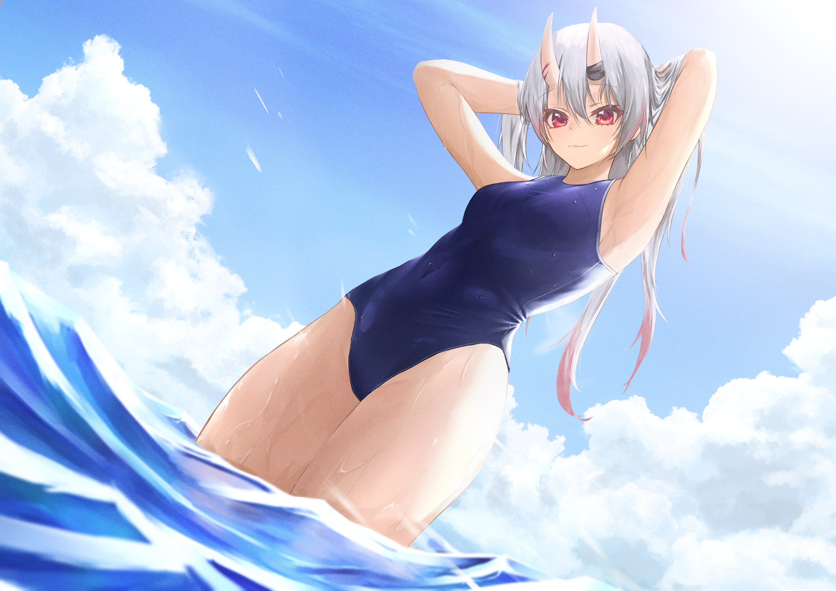 Anime 2776x1964 toi1et paper Hololive Nakiri Ayame anime anime girls oni girl one-piece swimsuit horns red eyes silver hair Virtual Youtuber