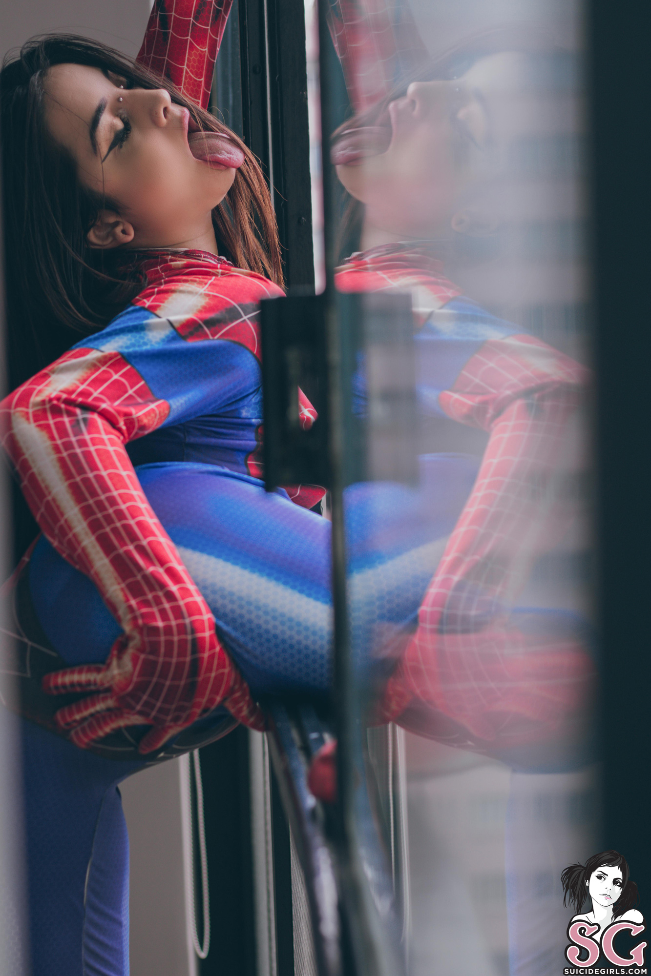 People 1333x2000 women model brunette long hair indoors Spider-Man cosplay window frames piercing Deskicio suicide portrait display watermarked